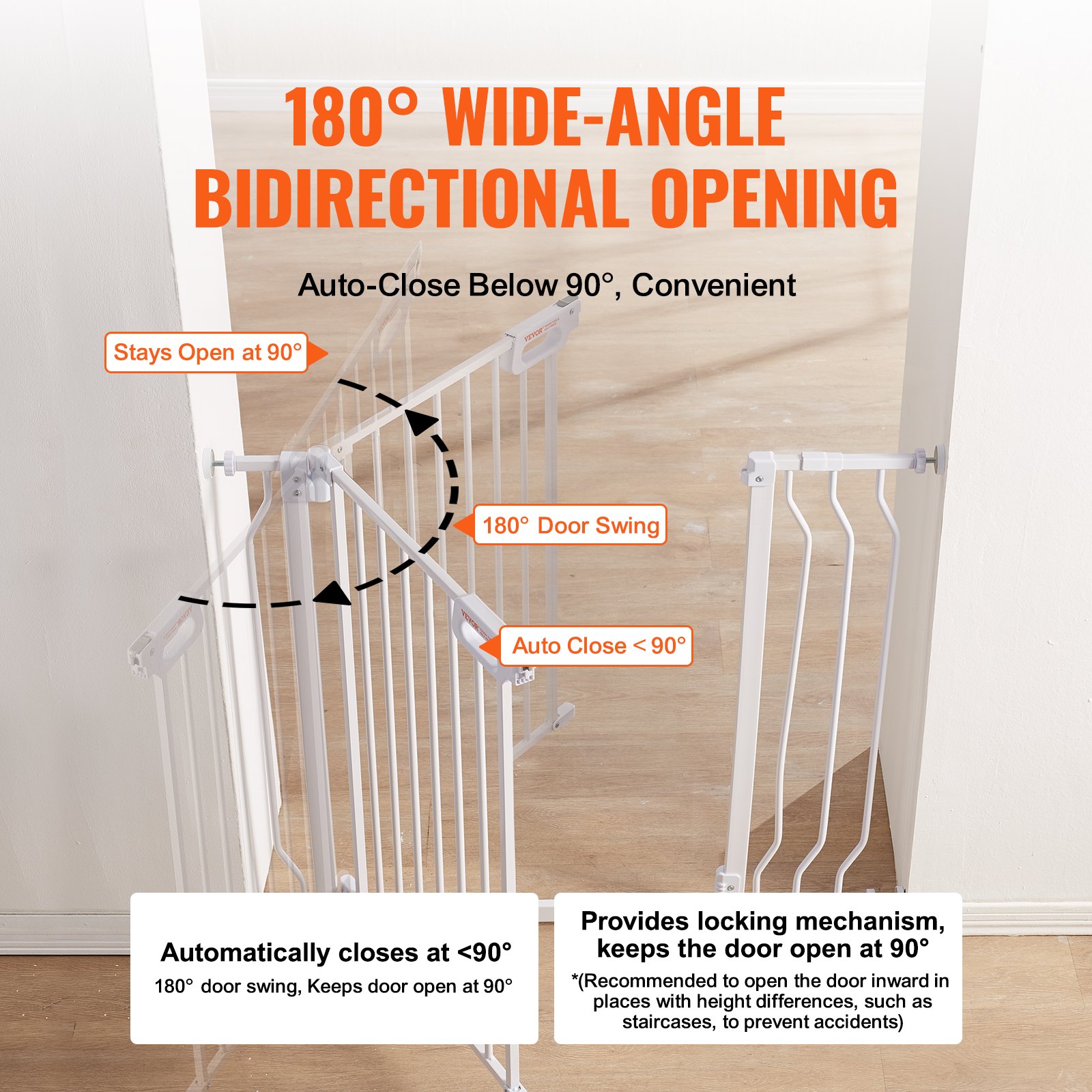 Puerta para bebés VEVOR con apertura bidireccional de gran ángulo de 180°, cierre automático a &lt;90°, permanece abierta a 90°.