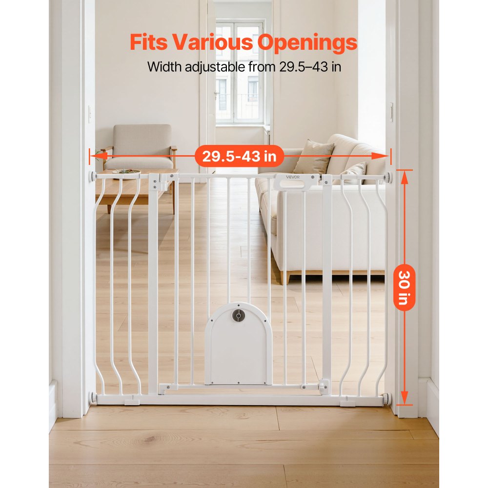 VEVOR Barrera de Seguridad para Niños, Ajustable de 75 a 111 cm, Alto de 76 cm, Valla de Seguridad Infantil con Puerta para Gatos, con Accesorios de Montaje, para Escaleras Puertas Salón, Color Blanco