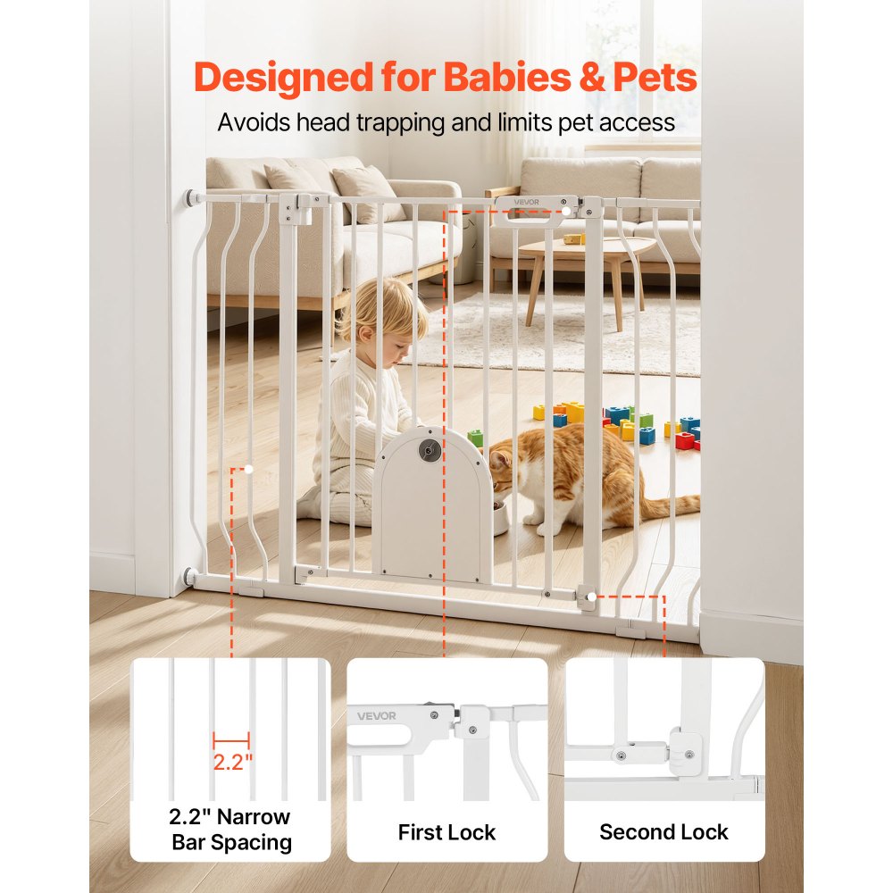 VEVOR Barrera de Seguridad para Niños, Ajustable de 75 a 111 cm, Alto de 76 cm, Valla de Seguridad Infantil con Puerta para Gatos, con Accesorios de Montaje, para Escaleras Puertas Salón, Color Blanco