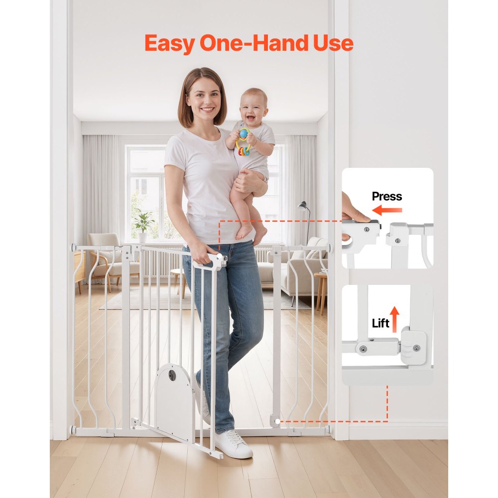 VEVOR Barrera de Seguridad para Niños, Ajustable de 75 a 111 cm, Alto de 76 cm, Valla de Seguridad Infantil con Puerta para Gatos, con Accesorios de Montaje, para Escaleras Puertas Salón, Color Blanco