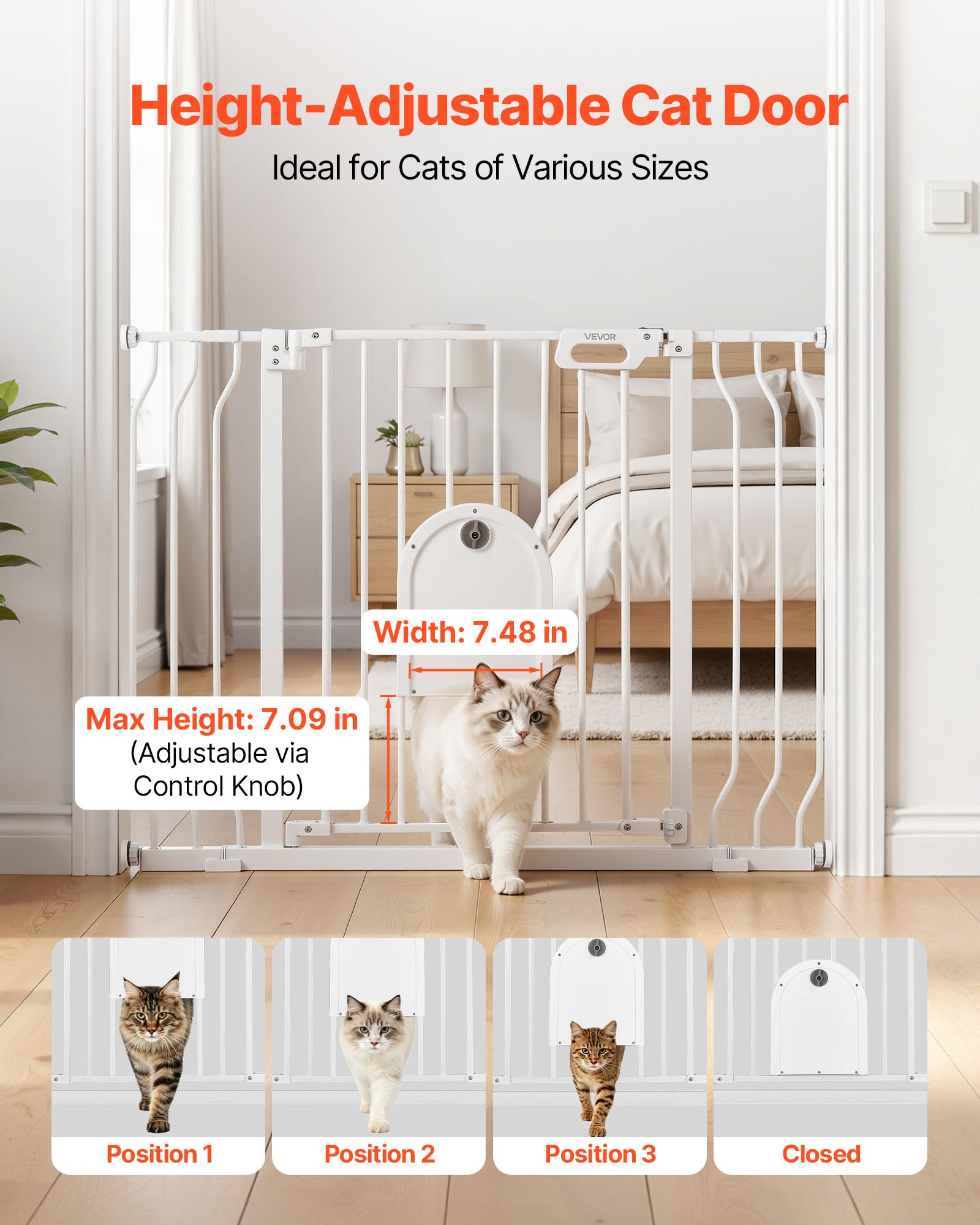 VEVOR Barrera de Seguridad para Niños, Ajustable de 75 a 111 cm, Alto de 76 cm, Valla de Seguridad Infantil con Puerta para Gatos, con Accesorios de Montaje, para Escaleras Puertas Salón, Color Blanco