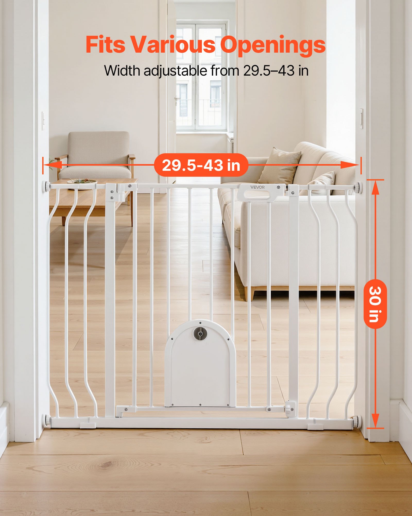 VEVOR Barrera de Seguridad para Niños, Ajustable de 75 a 111 cm, Alto de 76 cm, Valla de Seguridad Infantil con Puerta para Gatos, con Accesorios de Montaje, para Escaleras Puertas Salón, Color Blanco