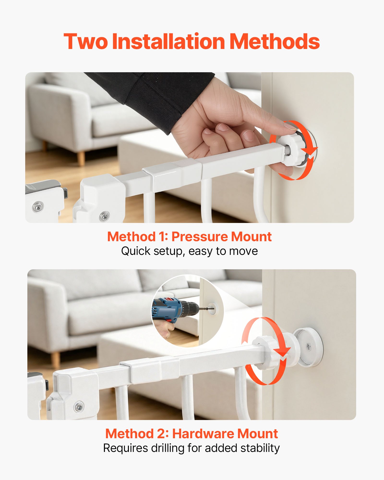 VEVOR Barrera de Seguridad para Niños, Ajustable de 75 a 111 cm, Alto de 76 cm, Valla de Seguridad Infantil con Puerta para Gatos, con Accesorios de Montaje, para Escaleras Puertas Salón, Color Blanco