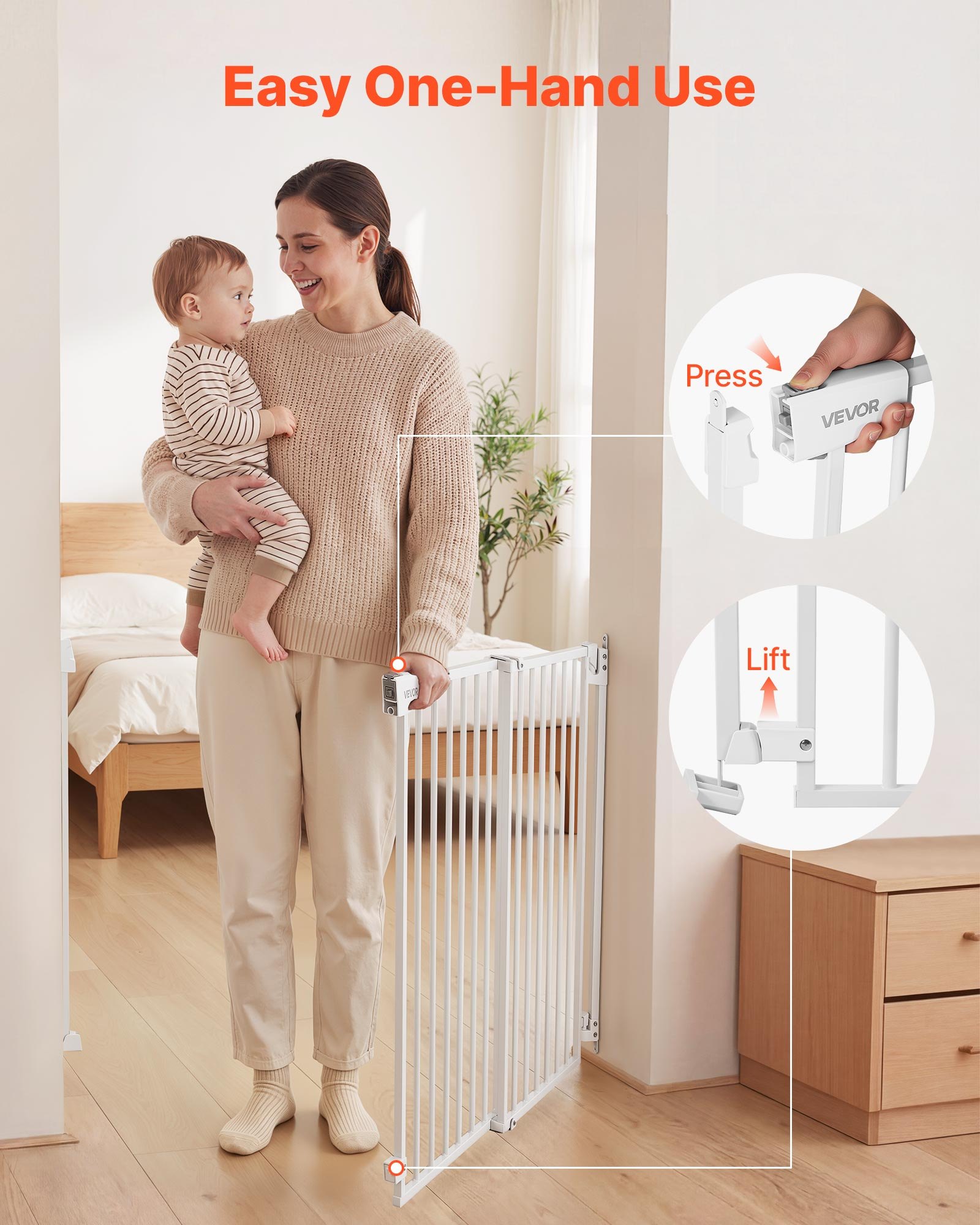 VEVOR Barrera de Seguridad para Niños, 920 mm x 720 - 1085 mm, Valla de Seguridad Infantil para Gatos y Perros, con Doble Bloqueo Cierre Automático, Apertura de Una Mano, para Escaleras Hogar, Blanco