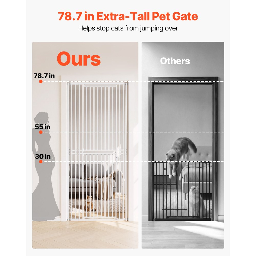 VEVOR Barrera de Seguridad para Gatos y Perros, Ancho Ajustable de 700 - 860 mm, Alto Extra de 200 cm, Valla de Seguridad para Mascotas, Cierre Automático, con Kit de Instalación, para Hogar, Blanco