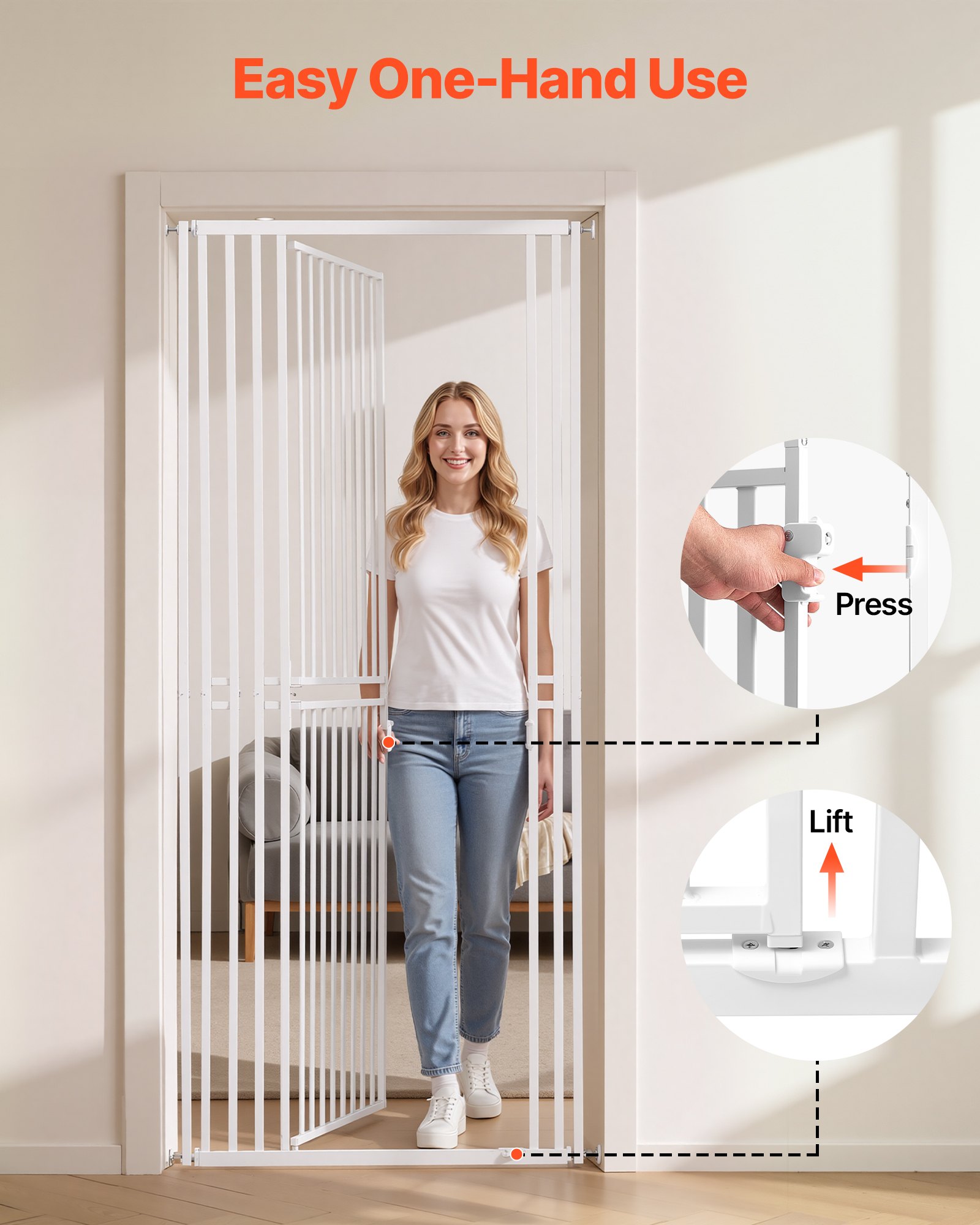 VEVOR Barrera de Seguridad para Gatos y Perros, Ancho Ajustable de 700 - 860 mm, Alto Extra de 200 cm, Valla de Seguridad para Mascotas, Cierre Automático, con Kit de Instalación, para Hogar, Blanco
