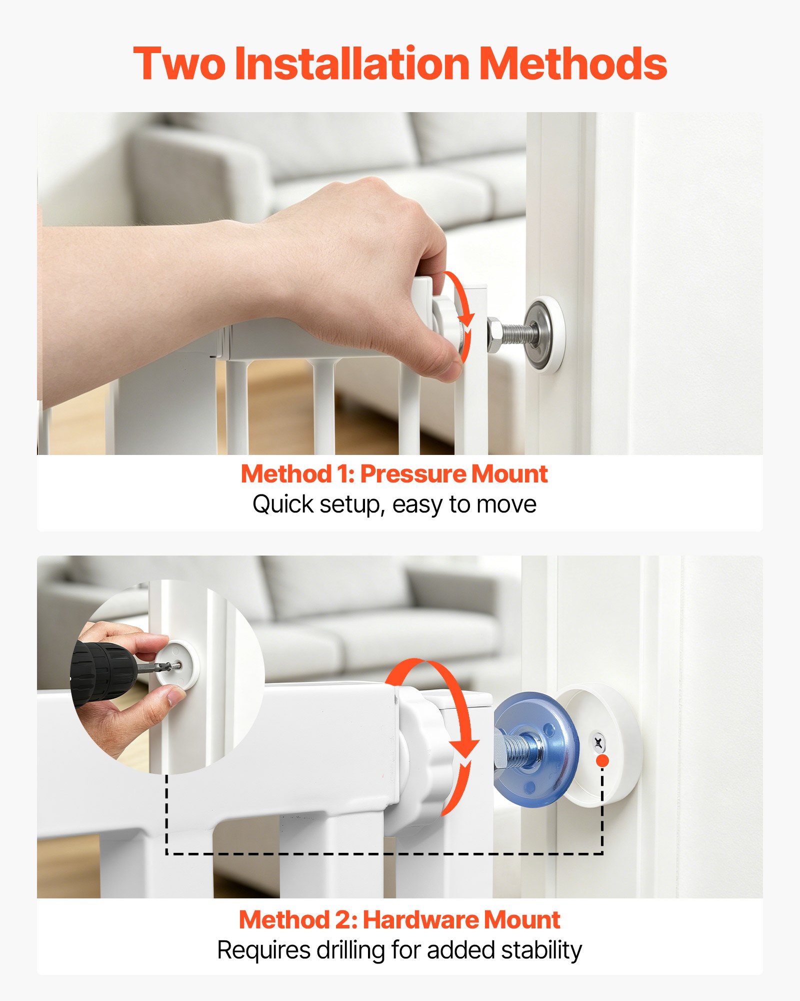 VEVOR Barrera de Seguridad para Gatos y Perros, Ancho Ajustable de 700 - 860 mm, Alto Extra de 200 cm, Valla de Seguridad para Mascotas, Cierre Automático, con Kit de Instalación, para Hogar, Blanco