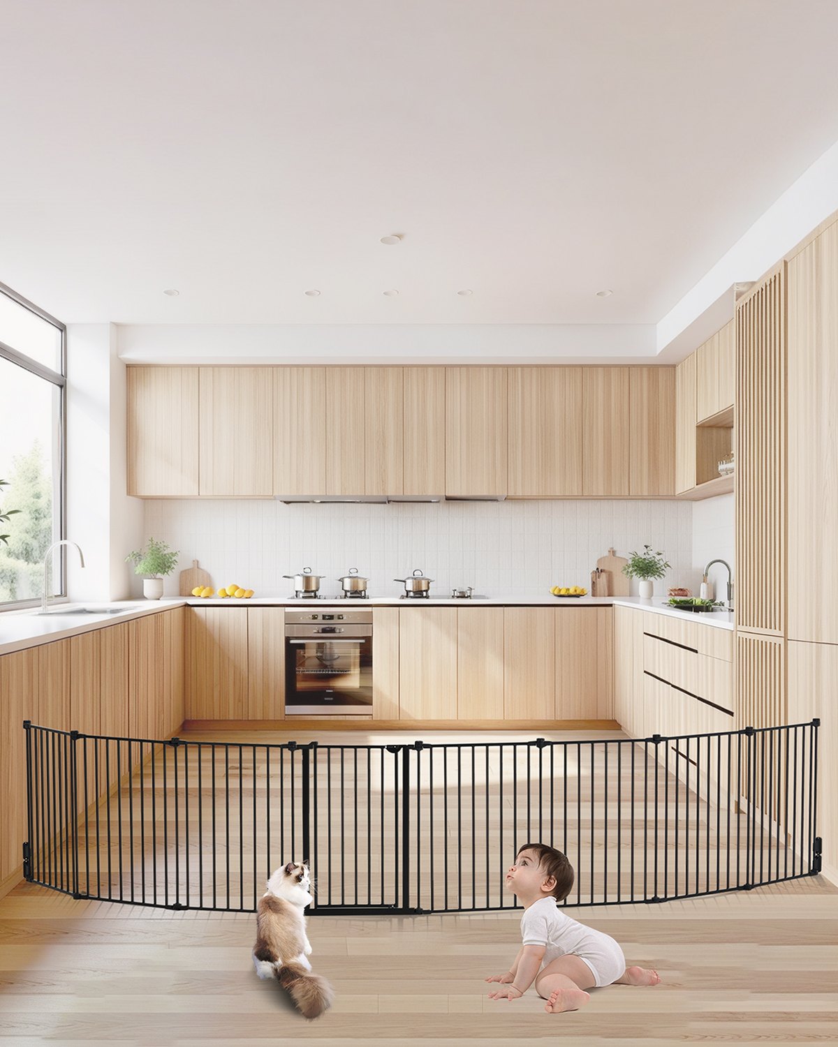 VEVOR Puerta para Bebés, 487,7 cm de Ancho Extra, Puerta para Perros Plegable de 8 Paneles, Apertura con Una Mano, Instalación entre Dos Paredes o Como Cerca, para Escaleras y Puertas, Negro