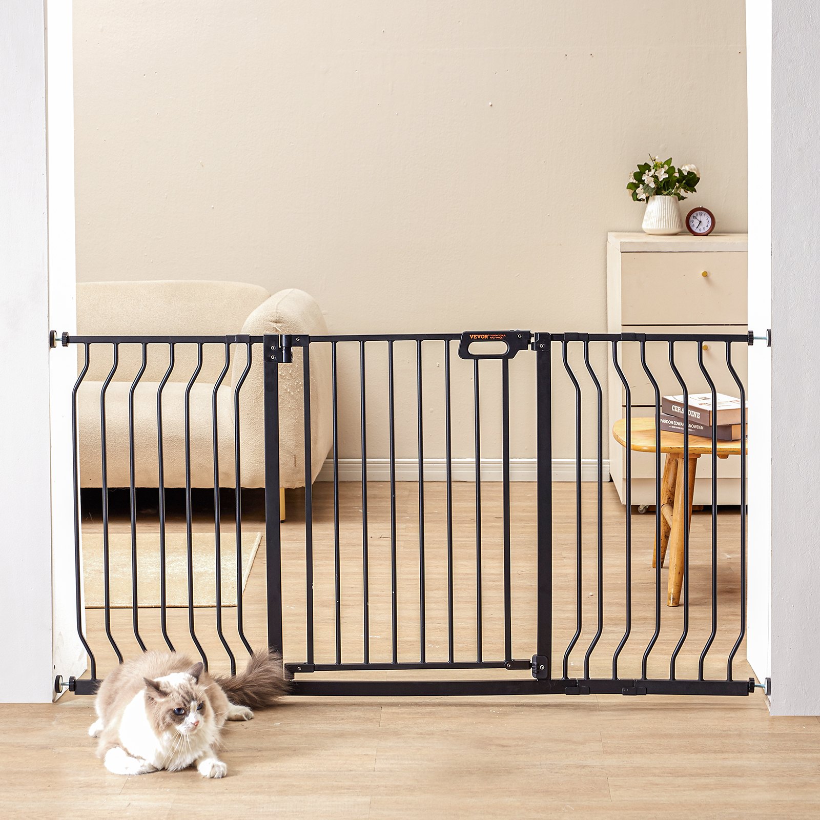 VEVOR Barrera de Seguridad Extensible Ancho de 74,9-141,7 cm Altura de 76,2 cm Cierre Automático Puerta de Escalera sin Taladrar Ancho de Apertura de 533 mm 180° Valla para Niños para Interior, Negro