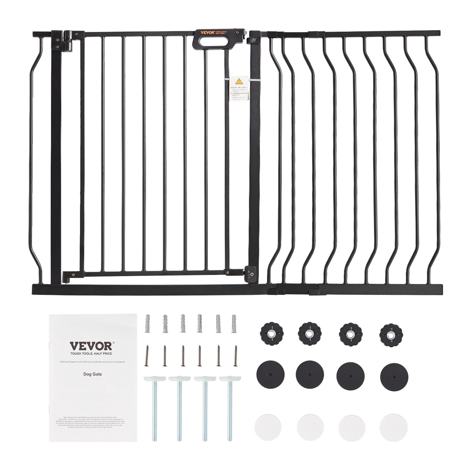 Puerta para bebés VEVOR negra con hardware de instalación y manual de instrucciones incluidos.