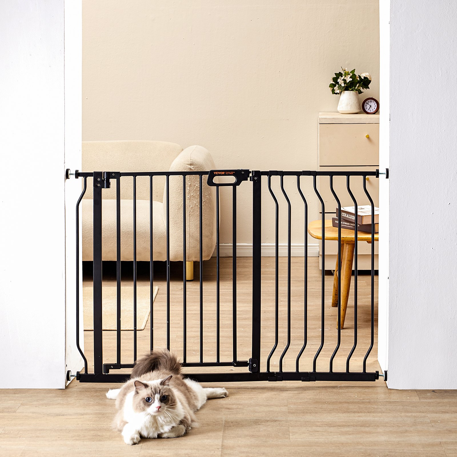 VEVOR Safety Gate, Barrier Gate, Stair Gate, 749-1229mm Width Range, Child Gate, Pet Gate, Stair Safety Gate, Swivels on Both Sides, 762mm Height, Black Baby Gate, No Drilling Required