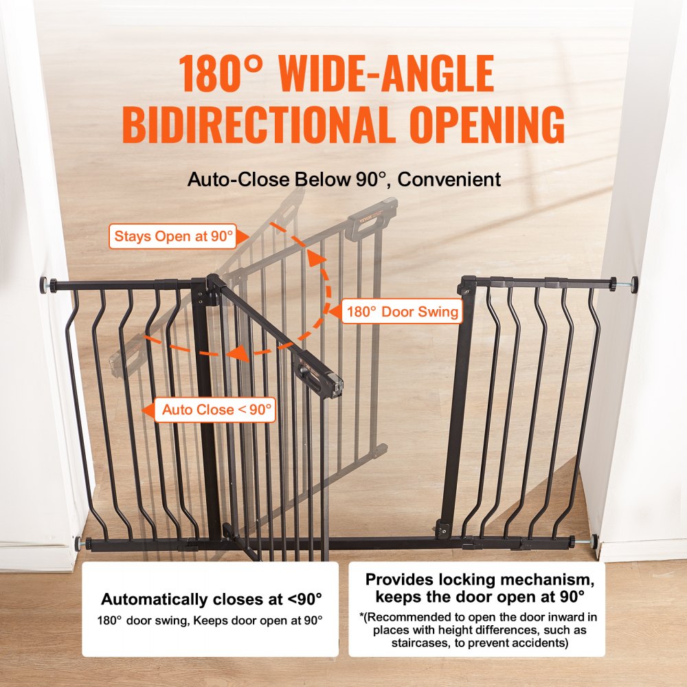 Puerta para bebés VEVOR con apertura bidireccional de gran ángulo de 180° y cierre automático por debajo de los 90 grados.