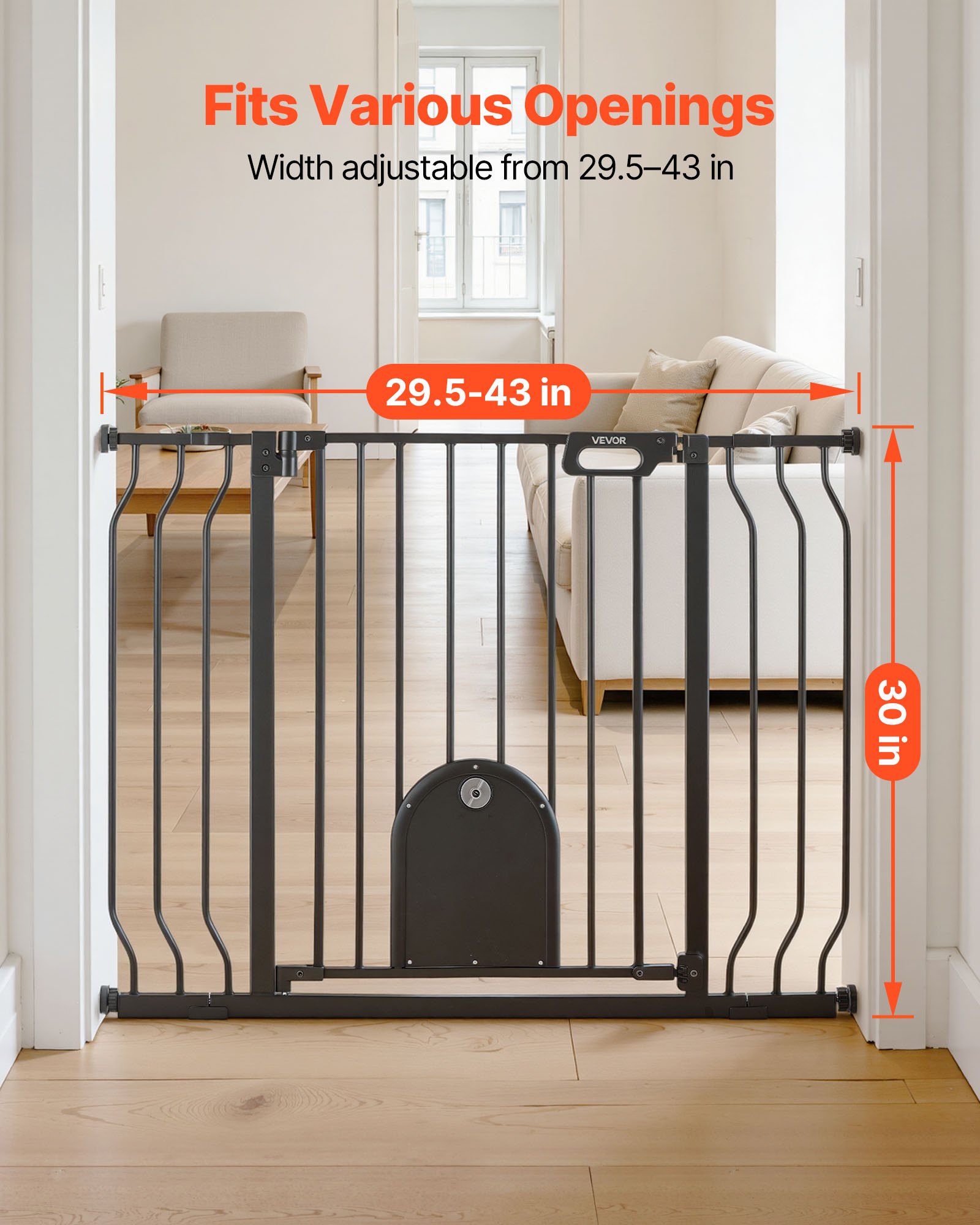 VEVOR Barrera de Seguridad para Niños, 76 cm x 75 - 111 cm, Valla de Seguridad Infantil con Puerta Ajustable para Gatos, Bloque Doble y Apertura en Dos Sentidos, para Escaleras Hogar, Color Negro