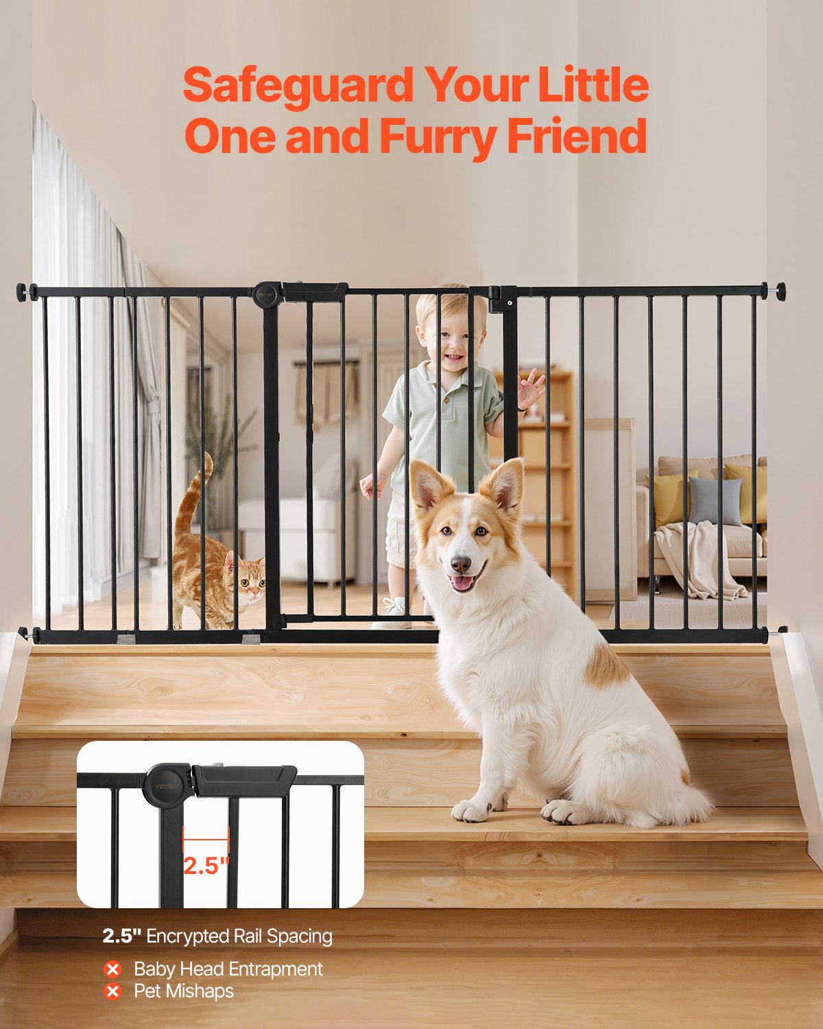 VEVOR Baby Gate/Dog Gate/Parental Gate with Adjustable Width (154-161 cm), 76.2 cm High Stair Gate with Double Locking System & One-Hand Opening, for Stairs and Doors, Black