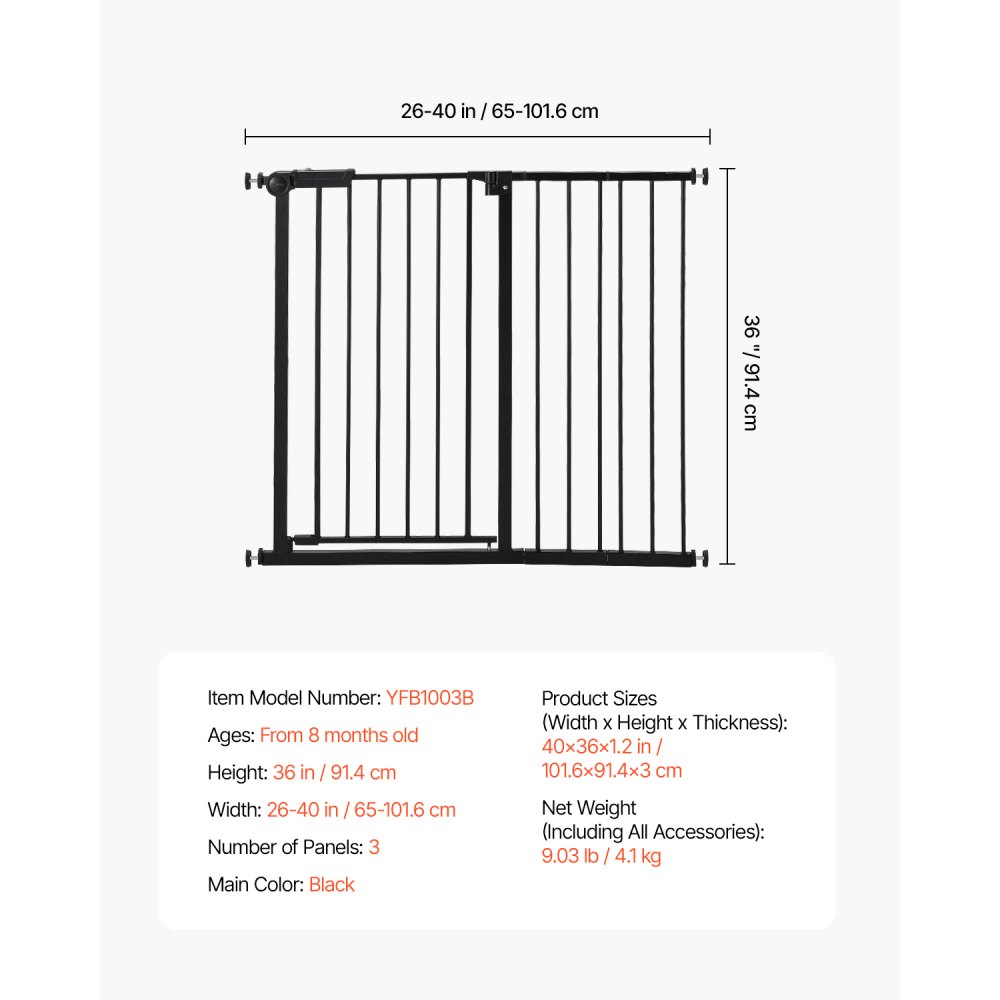 VEVOR Puerta para Bebés, Puerta para Perros de Ancho Ajustable de 65 a 101,6 cm, Kit de Montaje a Presión, Soportes de Pared, Apertura con Una Mano, para Seguridad de Niños y Mascotas, Negro