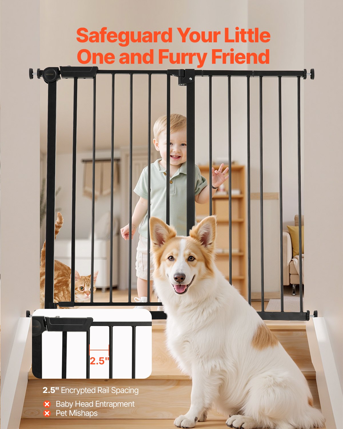 VEVOR Puerta para Bebés, Puerta para Perros de Ancho Ajustable de 65 a 101,6 cm, Kit de Montaje a Presión, Soportes de Pared, Apertura con Una Mano, para Seguridad de Niños y Mascotas, Negro