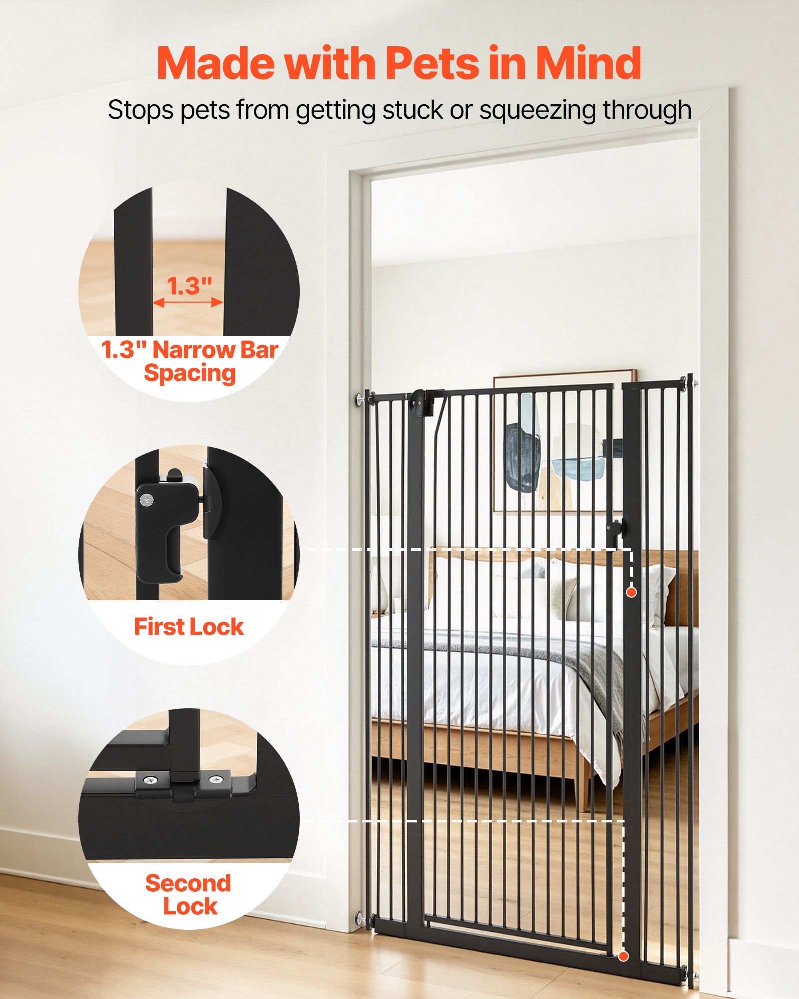 VEVOR Barrera de Seguridad para Niños, Ajustable de 740 - 1050 mm, Alto Extra de 1420 mm, Puerta de Seguridad para Perros y Gatos, con Kit de Montaje a Presión, para Dormitorio Hogar Salón, Negro