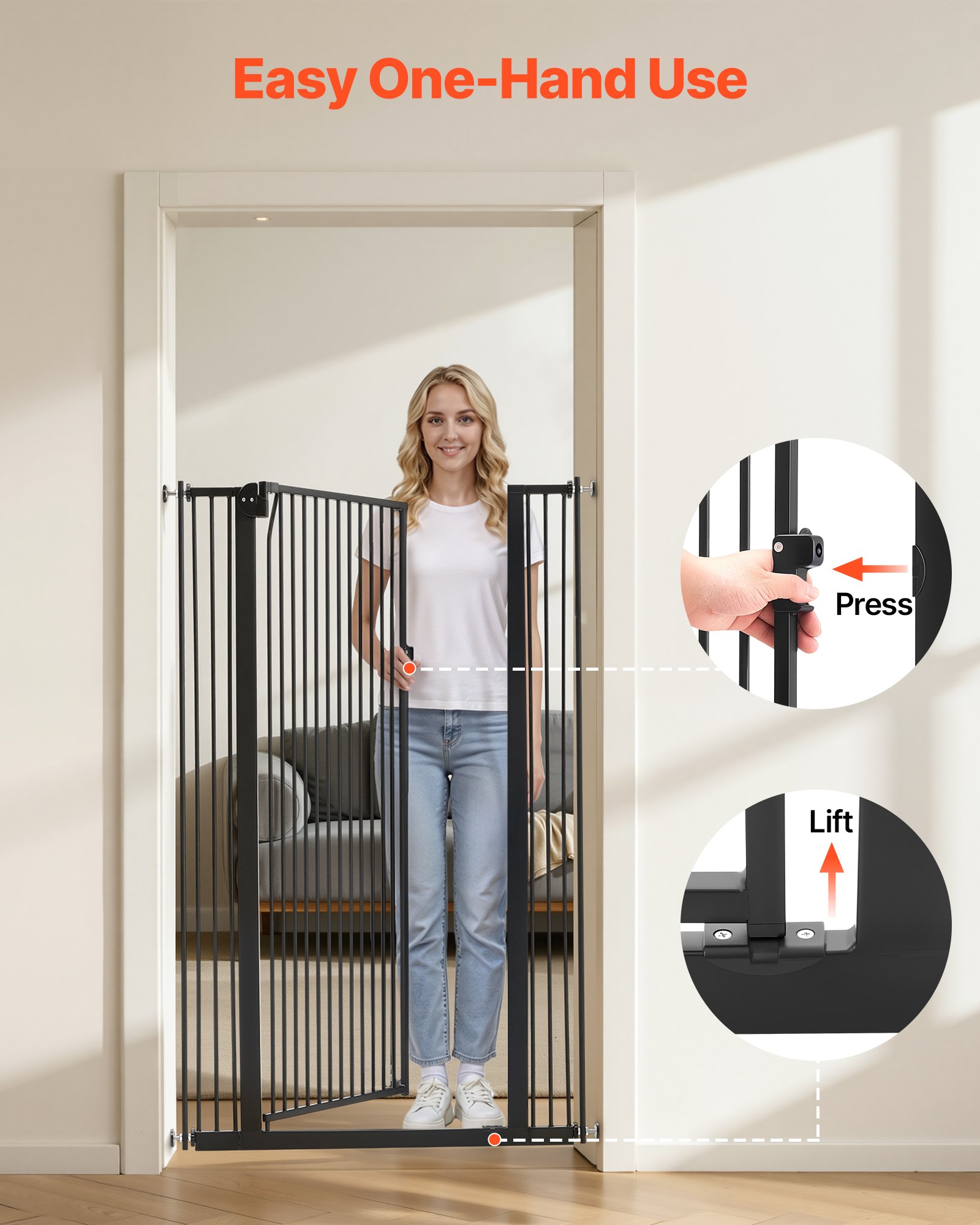 VEVOR Barrera de Seguridad para Niños, Ajustable de 740 - 1050 mm, Alto Extra de 1420 mm, Puerta de Seguridad para Perros y Gatos, con Kit de Montaje a Presión, para Dormitorio Hogar Salón, Negro