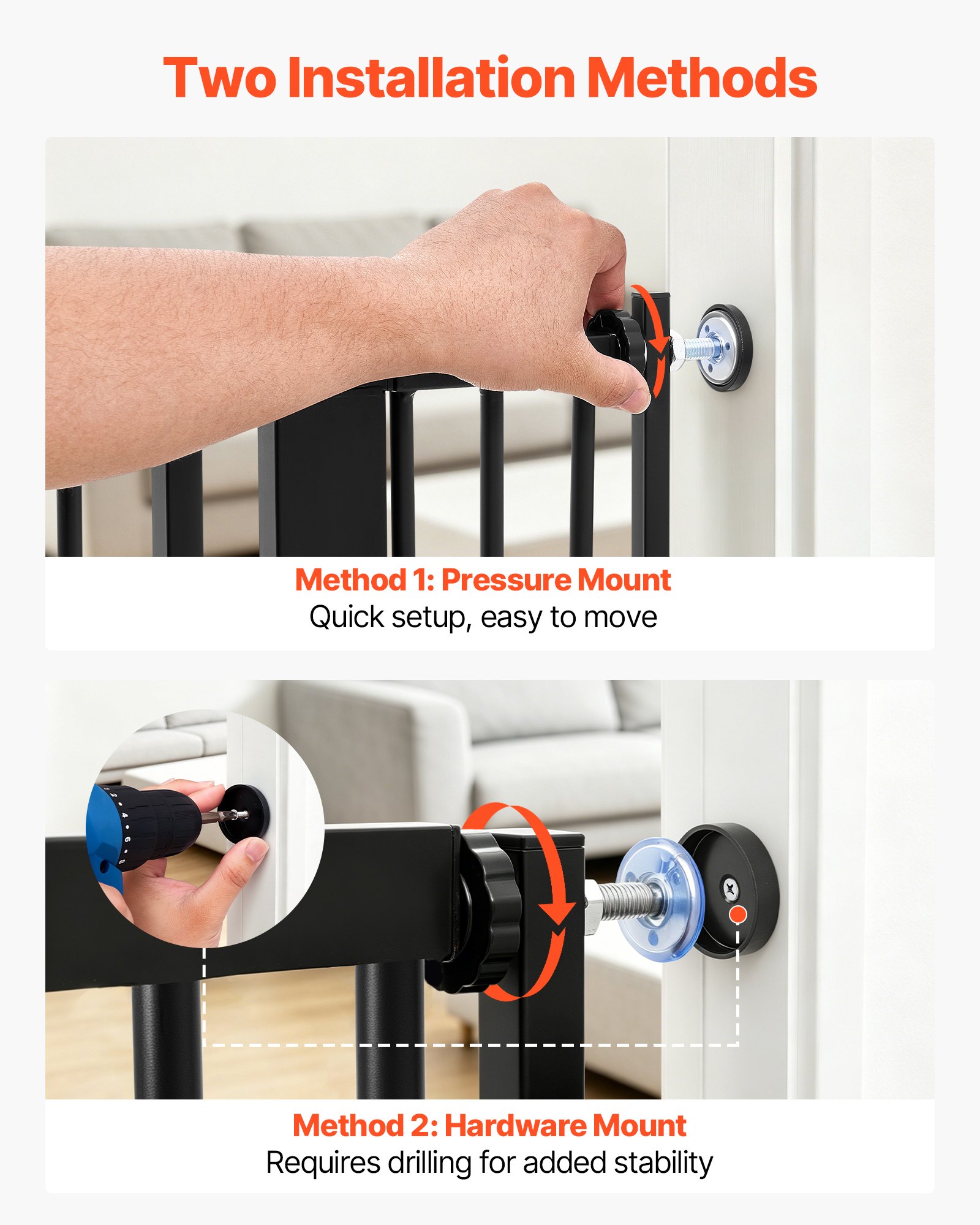 VEVOR Barrera de Seguridad para Niños, Ajustable de 740 - 1050 mm, Alto Extra de 1420 mm, Puerta de Seguridad para Perros y Gatos, con Kit de Montaje a Presión, para Dormitorio Hogar Salón, Negro