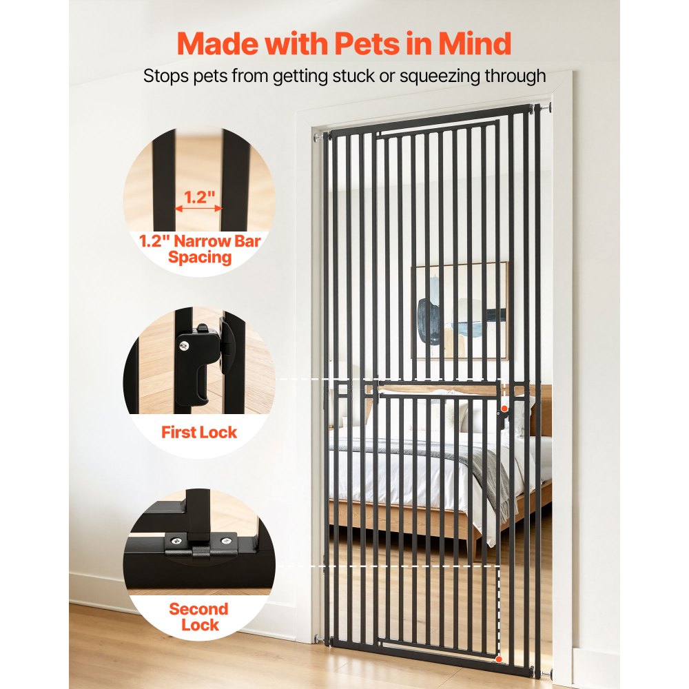 VEVOR Barrera de Seguridad para Mascotas, Extra Alto de 200 cm, Ancho Ajustable de 700-860 mm, Puerta para Gatos, Cierre Automático y Doble Bloqueo, con Kit de Montaje, para Escaleras Hogar, Negro
