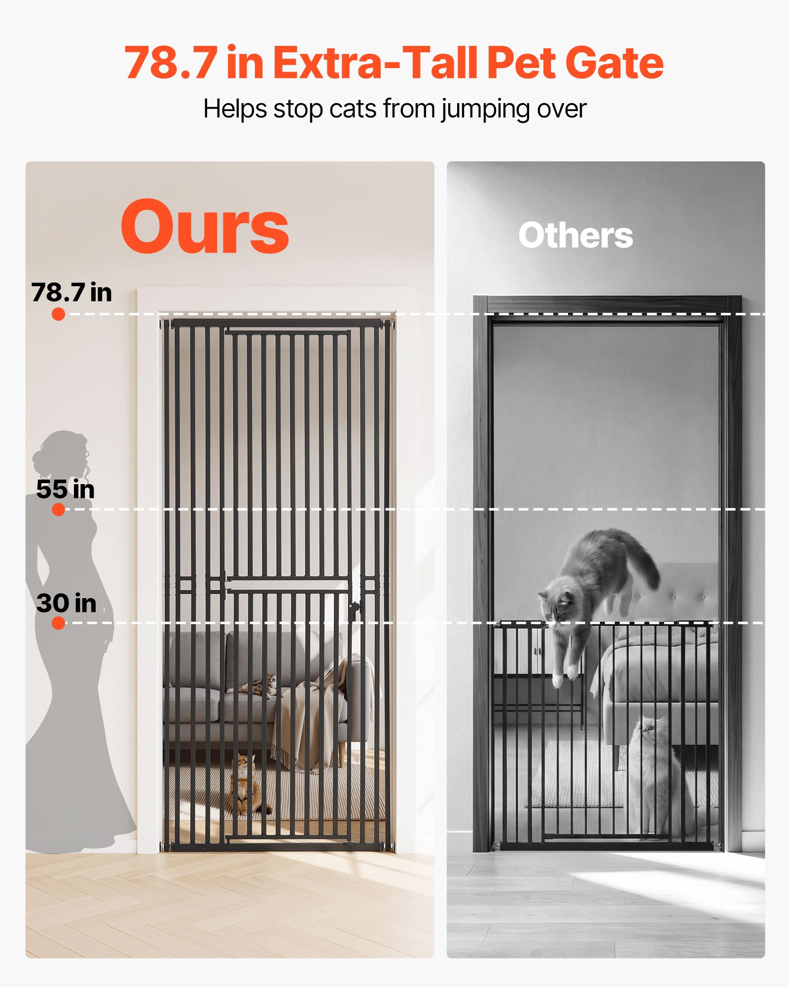 VEVOR Barrera de Seguridad para Mascotas, Extra Alto de 200 cm, Ancho Ajustable de 700-860 mm, Puerta para Gatos, Cierre Automático y Doble Bloqueo, con Kit de Montaje, para Escaleras Hogar, Negro