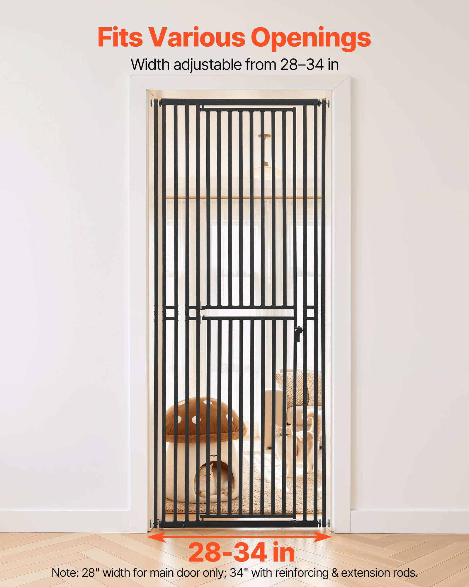 VEVOR Barrera de Seguridad para Mascotas, Extra Alto de 200 cm, Ancho Ajustable de 700-860 mm, Puerta para Gatos, Cierre Automático y Doble Bloqueo, con Kit de Montaje, para Escaleras Hogar, Negro