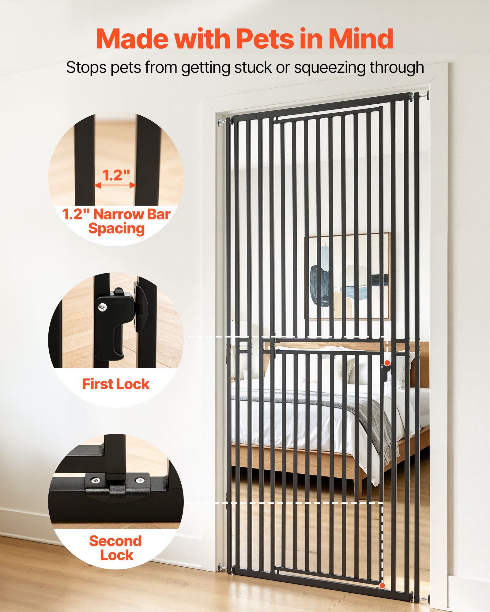 VEVOR Barrera de Seguridad para Mascotas, Extra Alto de 200 cm, Ancho Ajustable de 700-860 mm, Puerta para Gatos, Cierre Automático y Doble Bloqueo, con Kit de Montaje, para Escaleras Hogar, Negro