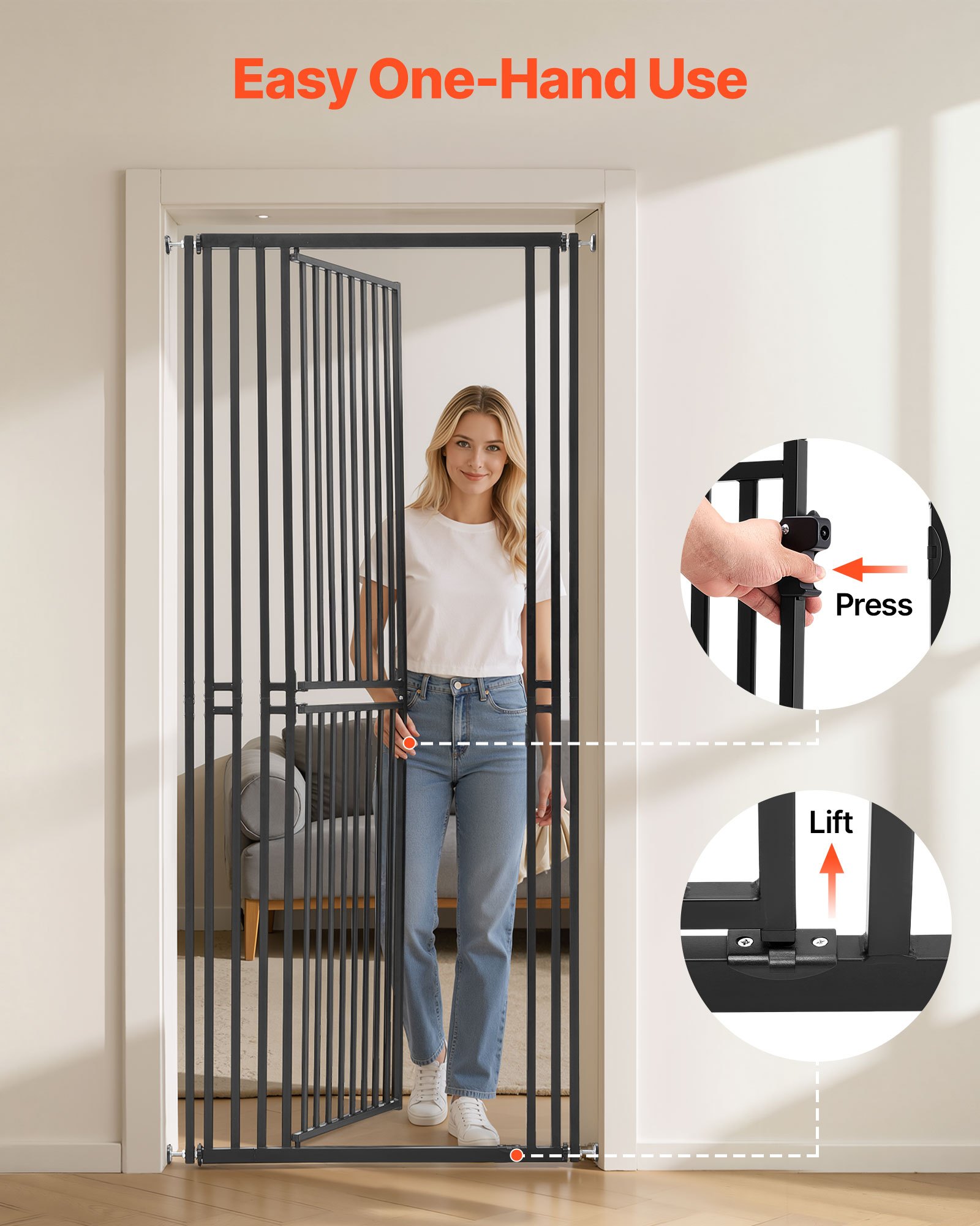 VEVOR Barrera de Seguridad para Mascotas, Extra Alto de 200 cm, Ancho Ajustable de 700-860 mm, Puerta para Gatos, Cierre Automático y Doble Bloqueo, con Kit de Montaje, para Escaleras Hogar, Negro