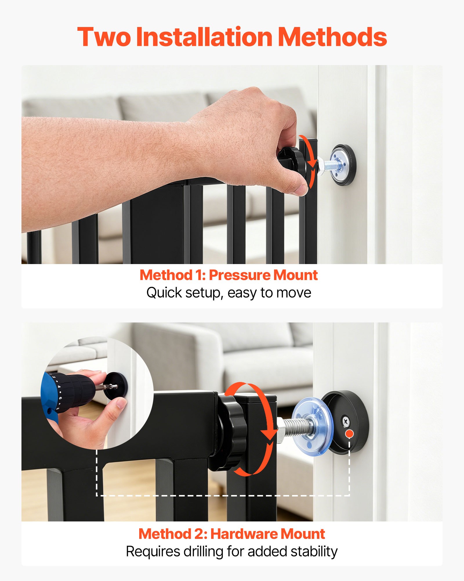 VEVOR Barrera de Seguridad para Mascotas, Extra Alto de 200 cm, Ancho Ajustable de 700-860 mm, Puerta para Gatos, Cierre Automático y Doble Bloqueo, con Kit de Montaje, para Escaleras Hogar, Negro