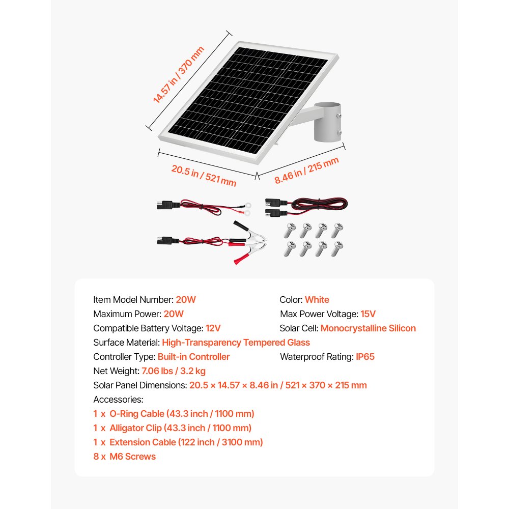 VEVOR 20W 12V Solar Panel Battery Charger, Solar Battery Trickle Charger Maintainer with Built-in Controller & Pole Mount Bracket, IP65 Waterproof for Gate, Fence, Farm, Lawn (Fit 40mm-68mm Poles) 