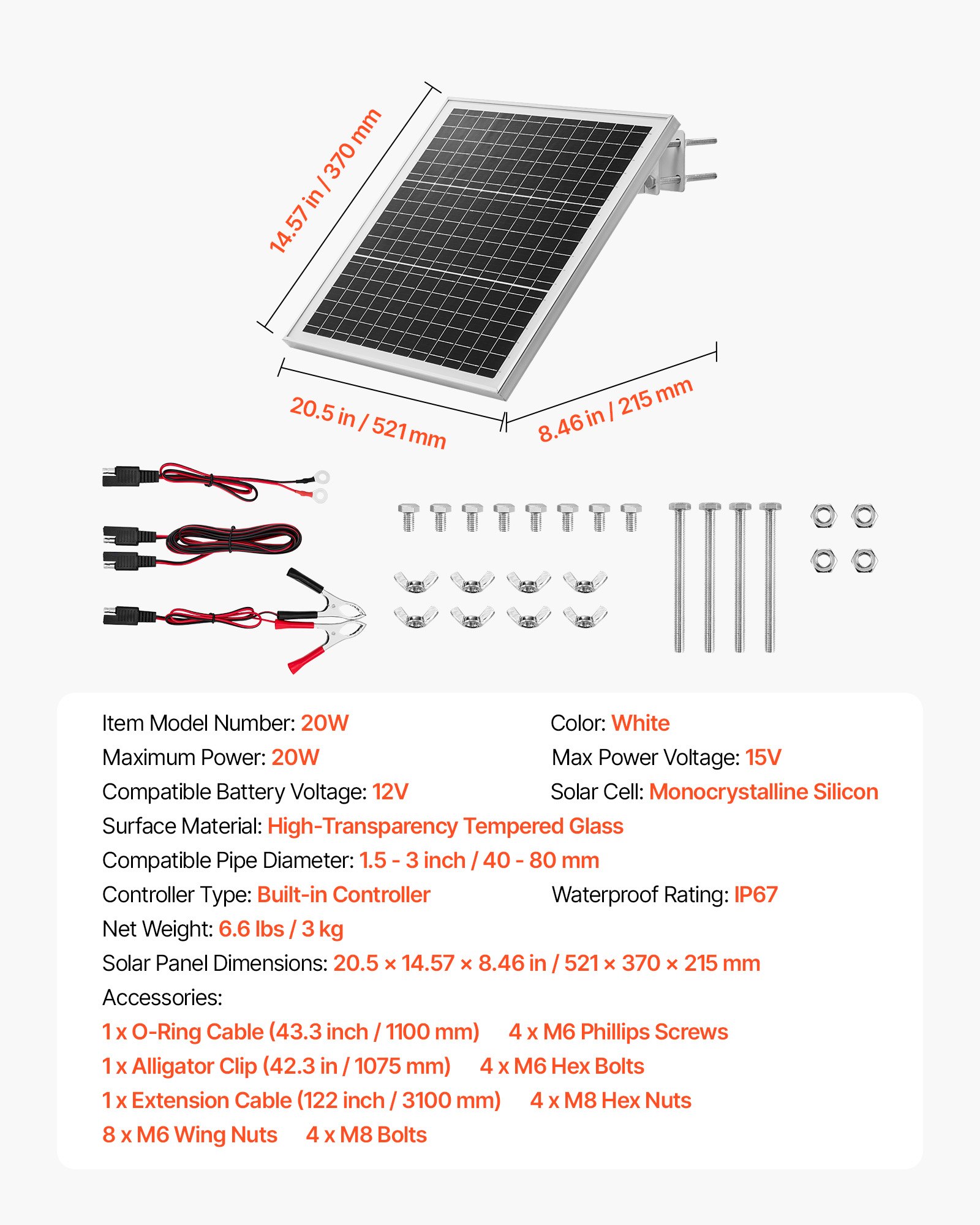 VEVOR Cargador Solar de Batería con Panel Solar 20 W 12 V con Controlador Integrado, Clasificación IP67, Soporte de Montaje Ajustable 0-60°, Compatible con Postes 40-80 mm para Vallas Jardines Granjas