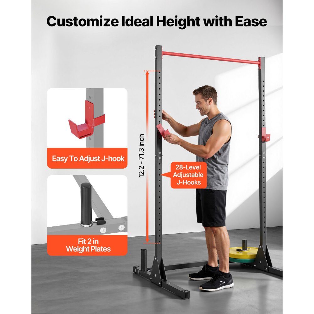 VEVOR Jaula para Sentadillas con Barra, Equipo Multifuncional de Press de Banca con Ganchos en J Ajustables de 28 Niveles, Robusto y Estable, Entrenamiento de Fuerza 360 kg, 1160 x 1280 x 2170 mm