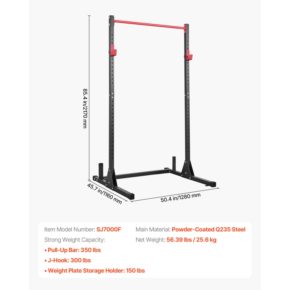 VEVOR Jaula para Sentadillas con Barra, Equipo Multifuncional de Press de Banca con Ganchos en J Ajustables de 28 Niveles, Robusto y Estable, Entrenamiento de Fuerza 360 kg, 1160 x 1280 x 2170 mm