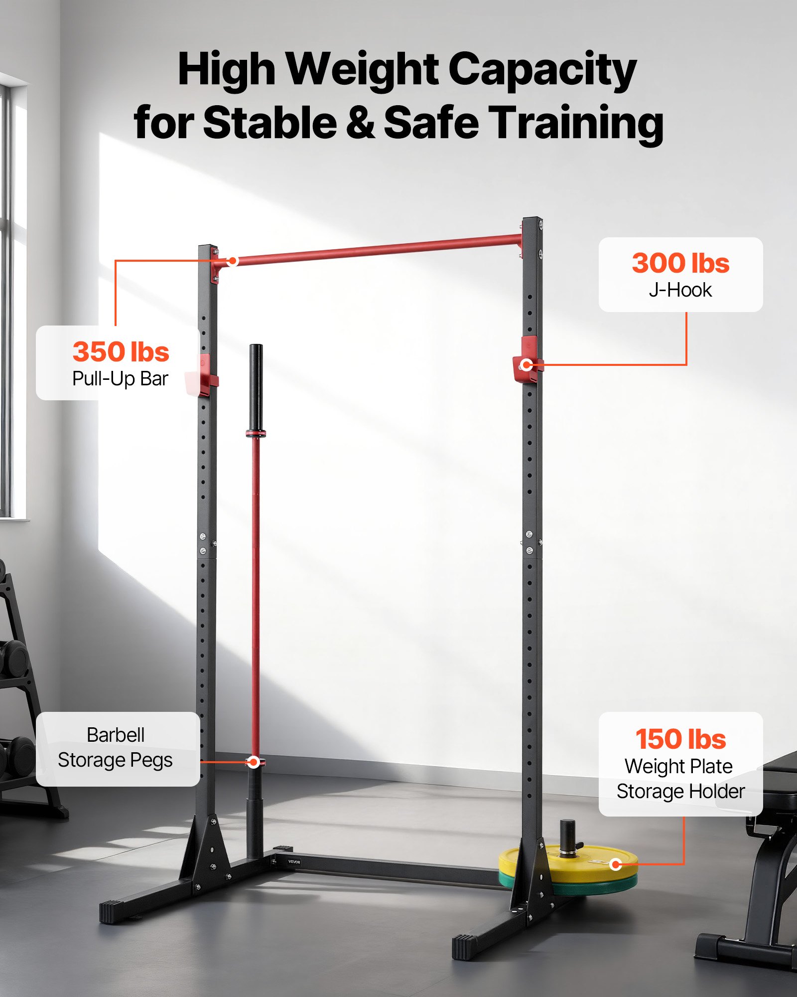 VEVOR Jaula para Sentadillas con Barra, Equipo Multifuncional de Press de Banca con Ganchos en J Ajustables de 28 Niveles, Robusto y Estable, Entrenamiento de Fuerza 360 kg, 1160 x 1280 x 2170 mm