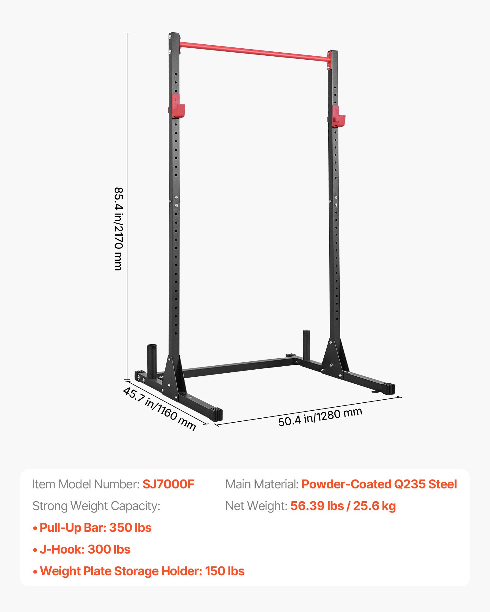 VEVOR Jaula para Sentadillas con Barra, Equipo Multifuncional de Press de Banca con Ganchos en J Ajustables de 28 Niveles, Robusto y Estable, Entrenamiento de Fuerza 360 kg, 1160 x 1280 x 2170 mm