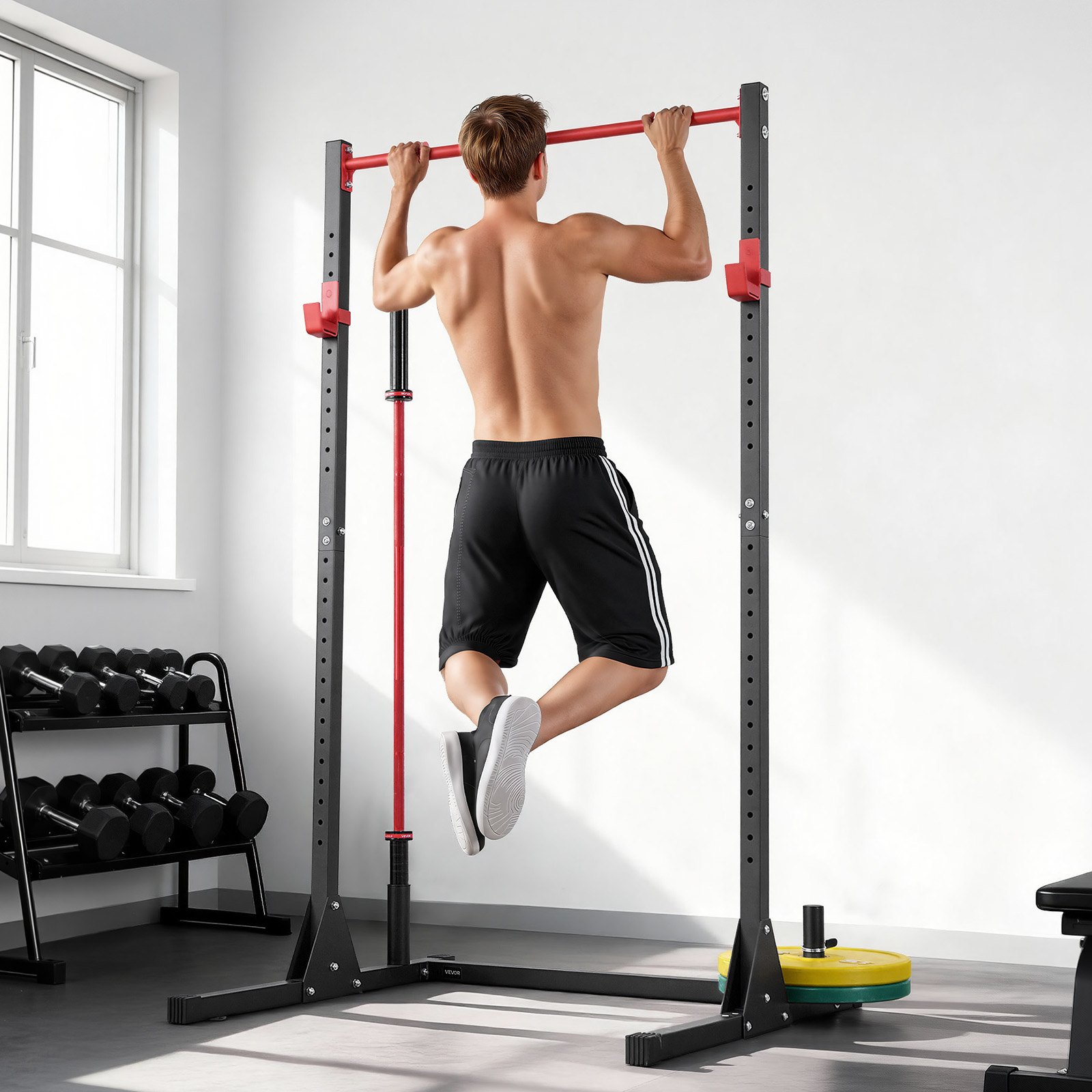 VEVOR Jaula para Sentadillas con Barra, Equipo Multifuncional de Press de Banca con Ganchos en J Ajustables de 28 Niveles, Robusto y Estable, Entrenamiento de Fuerza 360 kg, 1160 x 1280 x 2170 mm