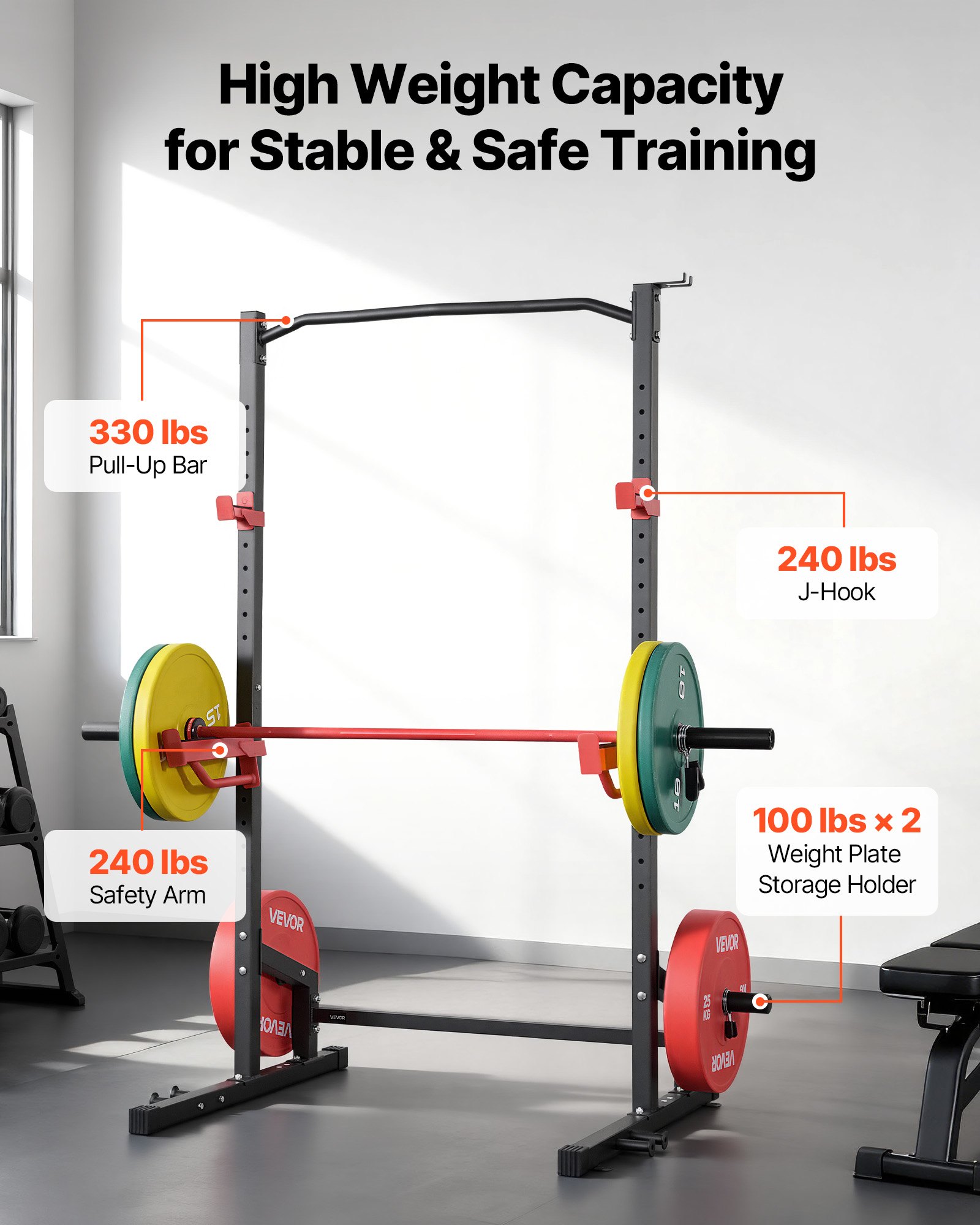 VEVOR Jaula de Potencia Multifuncional para Gimnasio en Casa, con 4 Clavijas para Bandas, Ganchos en J Ajustables y Barras de Seguridad para Sentadillas con Barra, Press de Banca y Dominadas