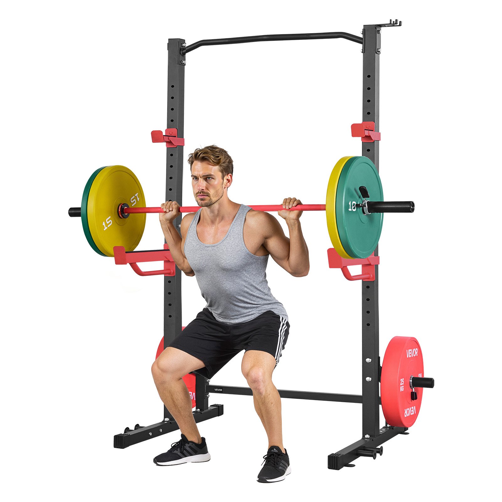 VEVOR Jaula de Potencia Multifuncional para Gimnasio en Casa, con 4 Clavijas para Bandas, Ganchos en J Ajustables y Barras de Seguridad para Sentadillas con Barra, Press de Banca y Dominadas