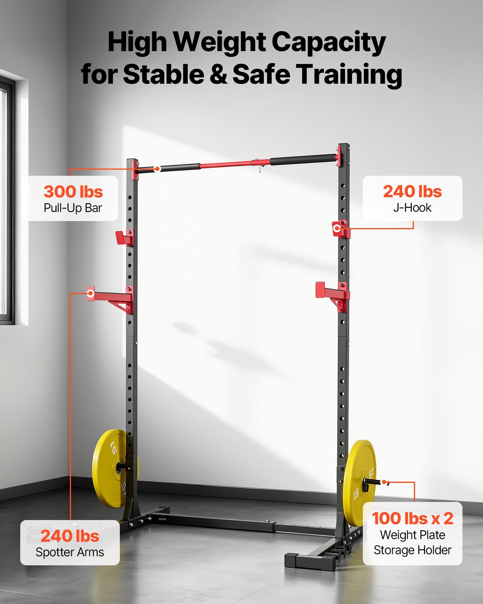 VEVOR Jaula de Potencia Multifuncional Versátil, para Sentadillas en Casa, con Ancho Ajustable, 6 Clavijas para Bandas, Accesorio para Minas Terrestres y Barras de Seguridad, 1060 x 1760 x 2120 mm