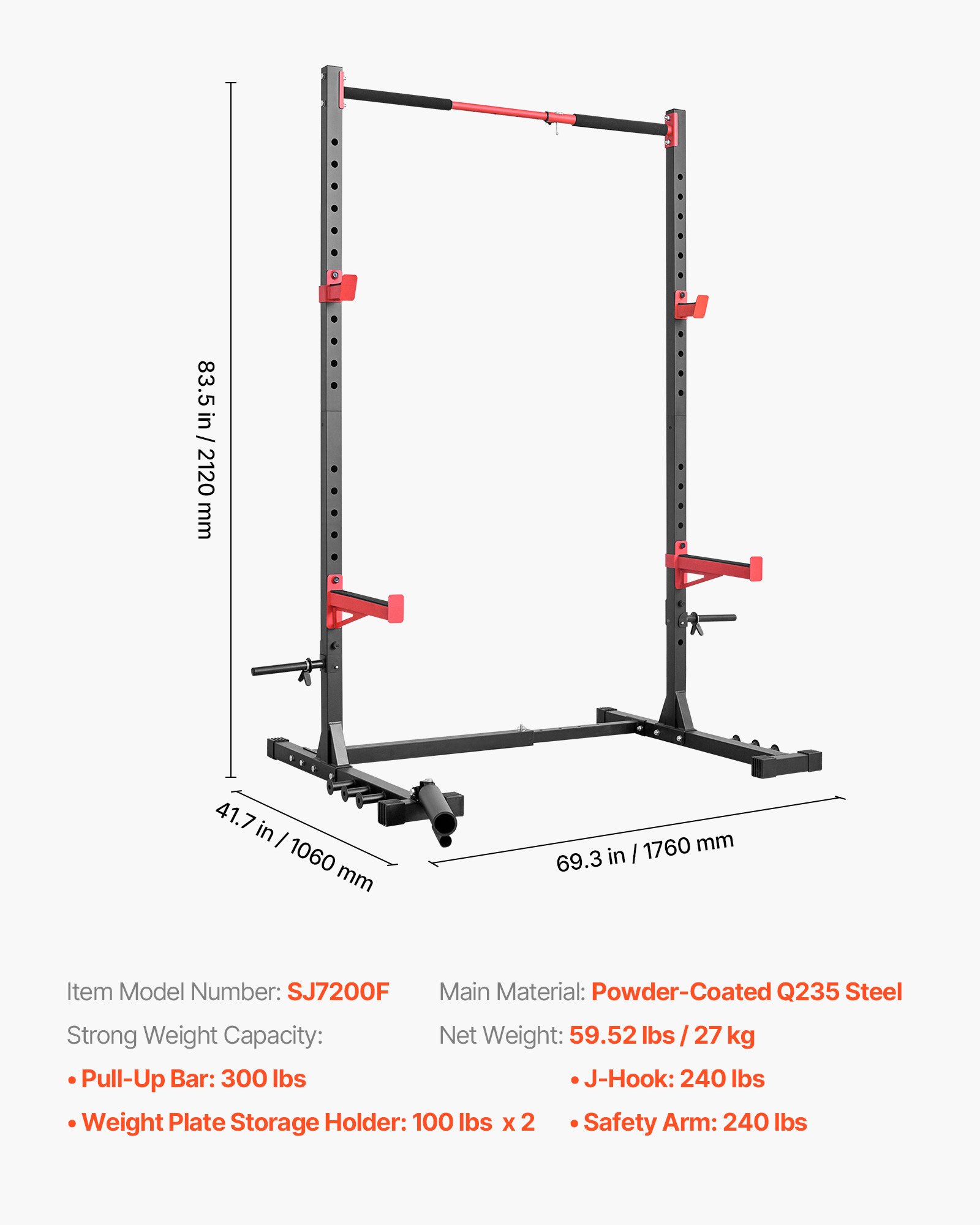 VEVOR Jaula de Potencia Multifuncional Versátil, para Sentadillas en Casa, con Ancho Ajustable, 6 Clavijas para Bandas, Accesorio para Minas Terrestres y Barras de Seguridad, 1060 x 1760 x 2120 mm