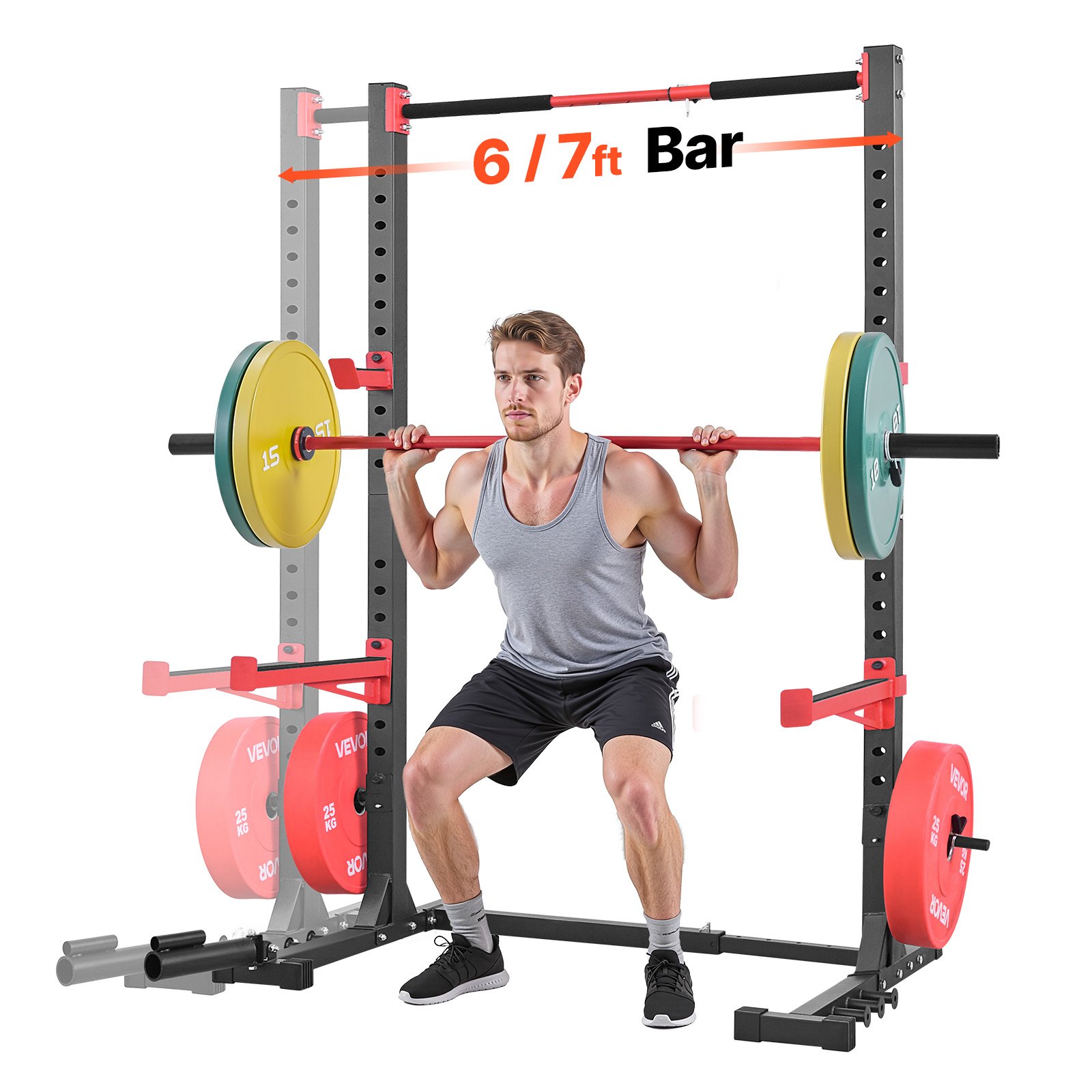 VEVOR Jaula de Potencia Multifuncional Versátil, para Sentadillas en Casa, con Ancho Ajustable, 6 Clavijas para Bandas, Accesorio para Minas Terrestres y Barras de Seguridad, 1060 x 1760 x 2120 mm