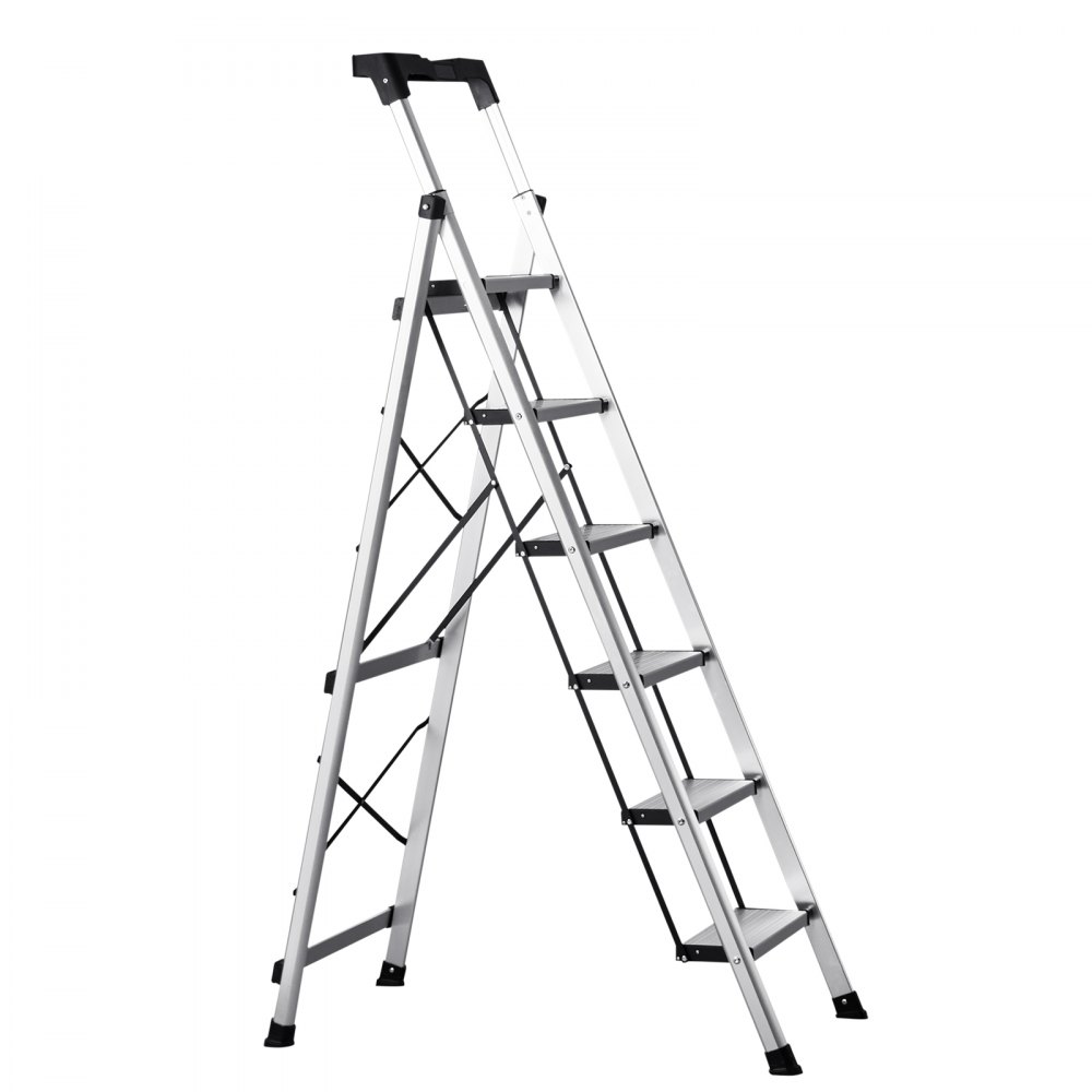 VEVOR Escalera de Aluminio Plegable 6 Peldaños, Escalera de Tijera con Pedal Antideslizante y Empuñadura Cómoda, Capacidad de 150 kg, Taburete Multifuncional para Cocina, Almacén, Hogar, Oficina