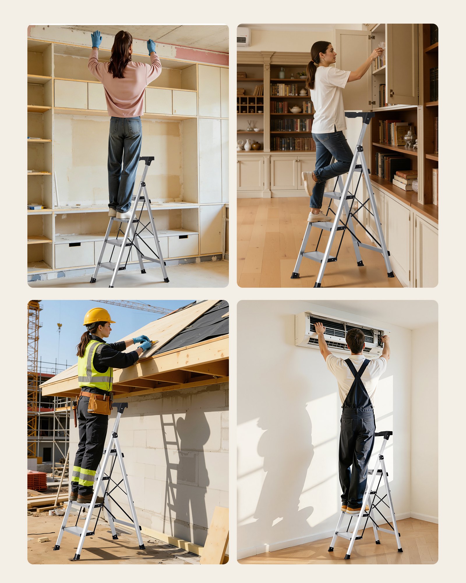 VEVOR Escalera de Aluminio Plegable 4 Peldaños, Escalera de Tijera con Pedal Antideslizante y Empuñadura Cómoda, Capacidad de 150 kg, Taburete Multifuncional para Cocina, Almacén, Hogar, Oficina