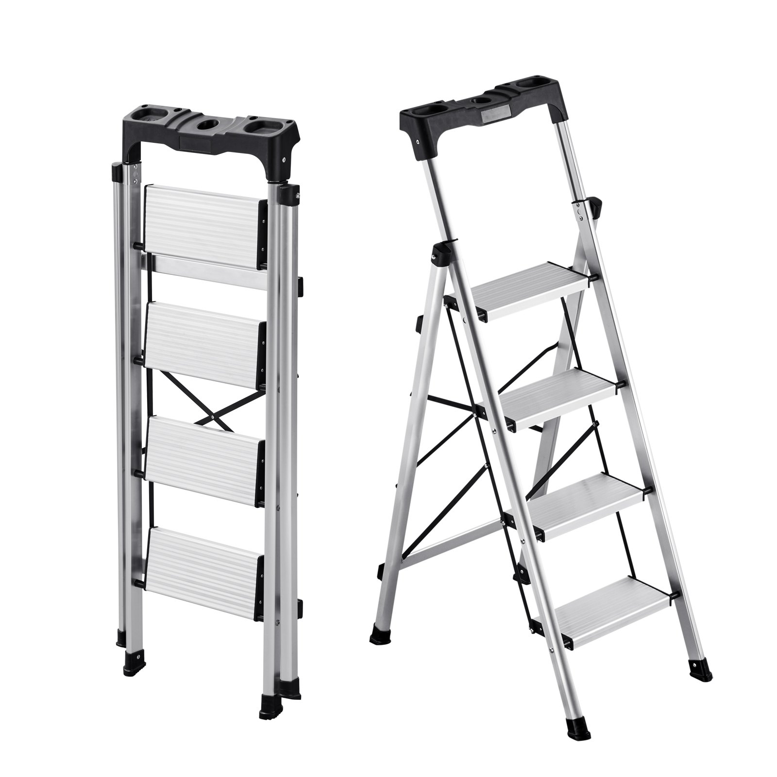 VEVOR Escalera de Aluminio Plegable 4 Peldaños, Escalera de Tijera con Pedal Antideslizante y Empuñadura Cómoda, Capacidad de 150 kg, Taburete Multifuncional para Cocina, Almacén, Hogar, Oficina