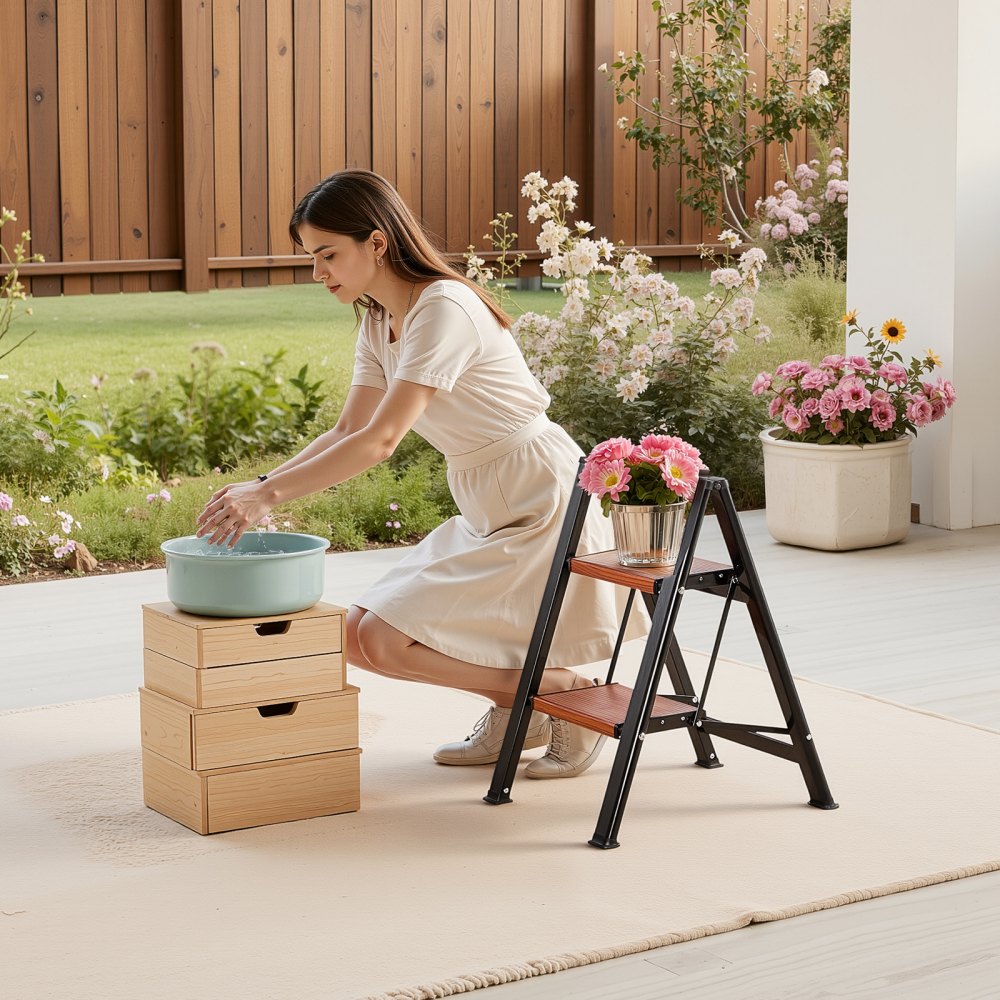 VEVOR Escalera Plegable 2 Peldaños, Escalera de Tijera con Pedal Ancho Antideslizante y Empuñadura Cómoda, Capacidad de 150 kg, Taburete Multifuncional para Cocina, Hogar, Plantas, Reparaciones