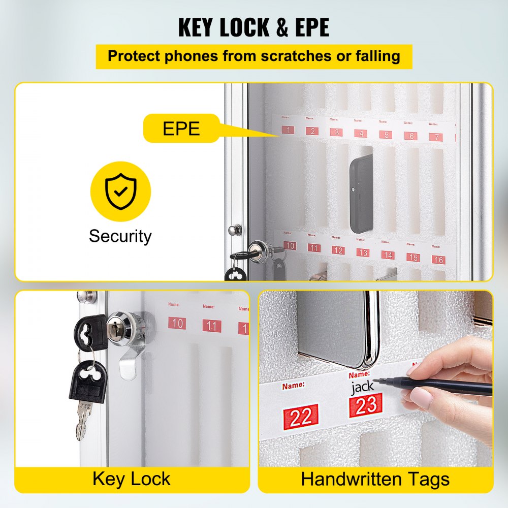Mueble para móvil VEVOR con cerradura con llave, protección epe y etiquetas escritas a mano.