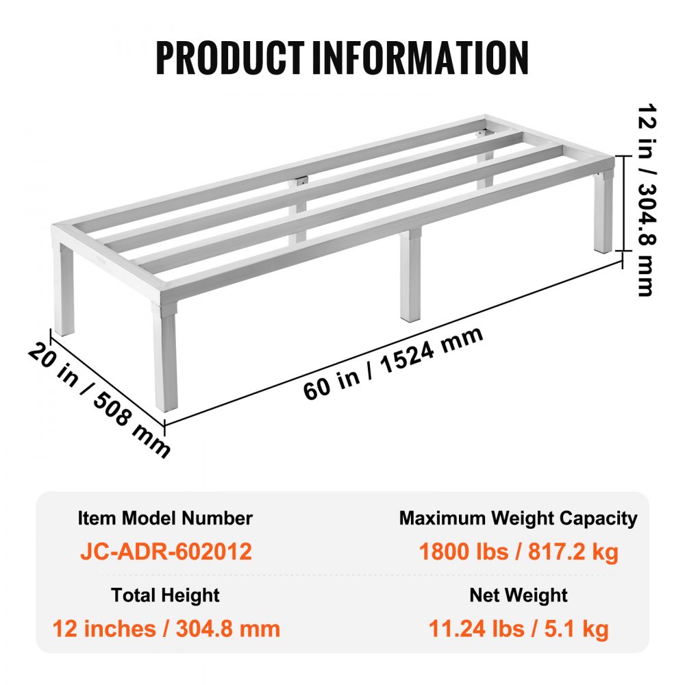 VEVOR Estante de Estiba de Aluminio 152,4x50,8x30,5 cm Estante de Almacenamiento Comercial Carga de 817,2 kg Totalmente Soldada para Almacenamiento de Alimentos en Suelo, en Restaurantes, Garajes