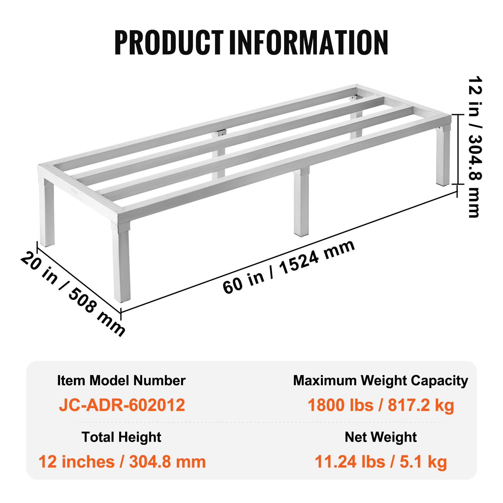 VEVOR Estante de Estiba de Aluminio 152,4x50,8x30,5 cm Estante de Almacenamiento Comercial Carga de 817,2 kg Totalmente Soldada para Almacenamiento de Alimentos en Suelo, en Restaurantes, Garajes
