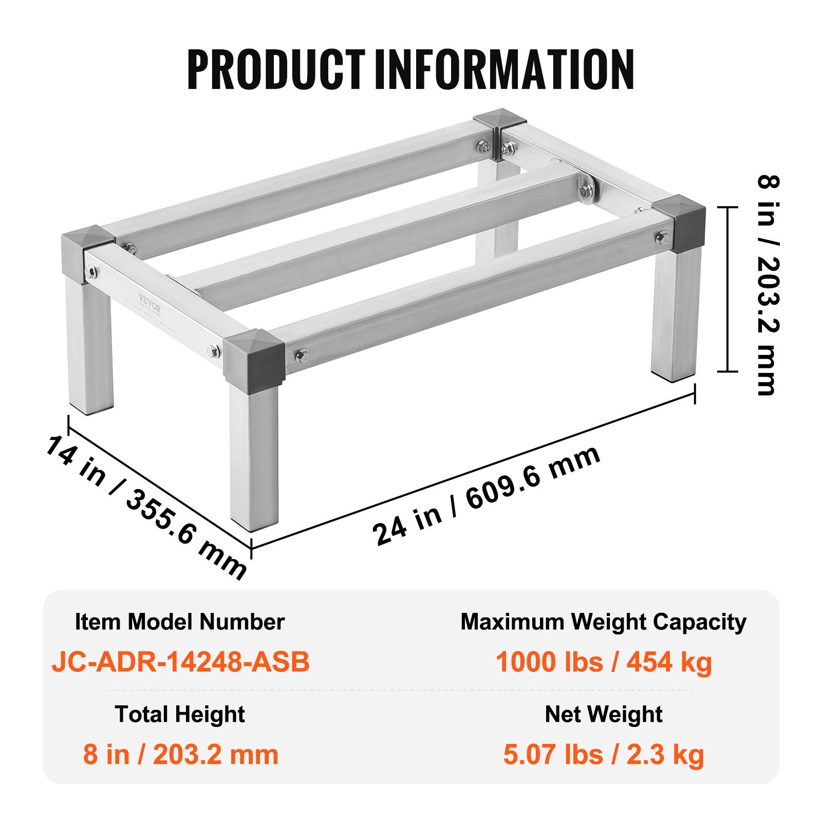 VEVOR Estante de Estiba de Aluminio 61x35,6x20,3 cm Estante de Almacenamiento Comercial Carga de 454 kg Fácil Montaje para Almacenamiento de Alimentos en Suelo, en Restaurantes, Cocinas, Garajes