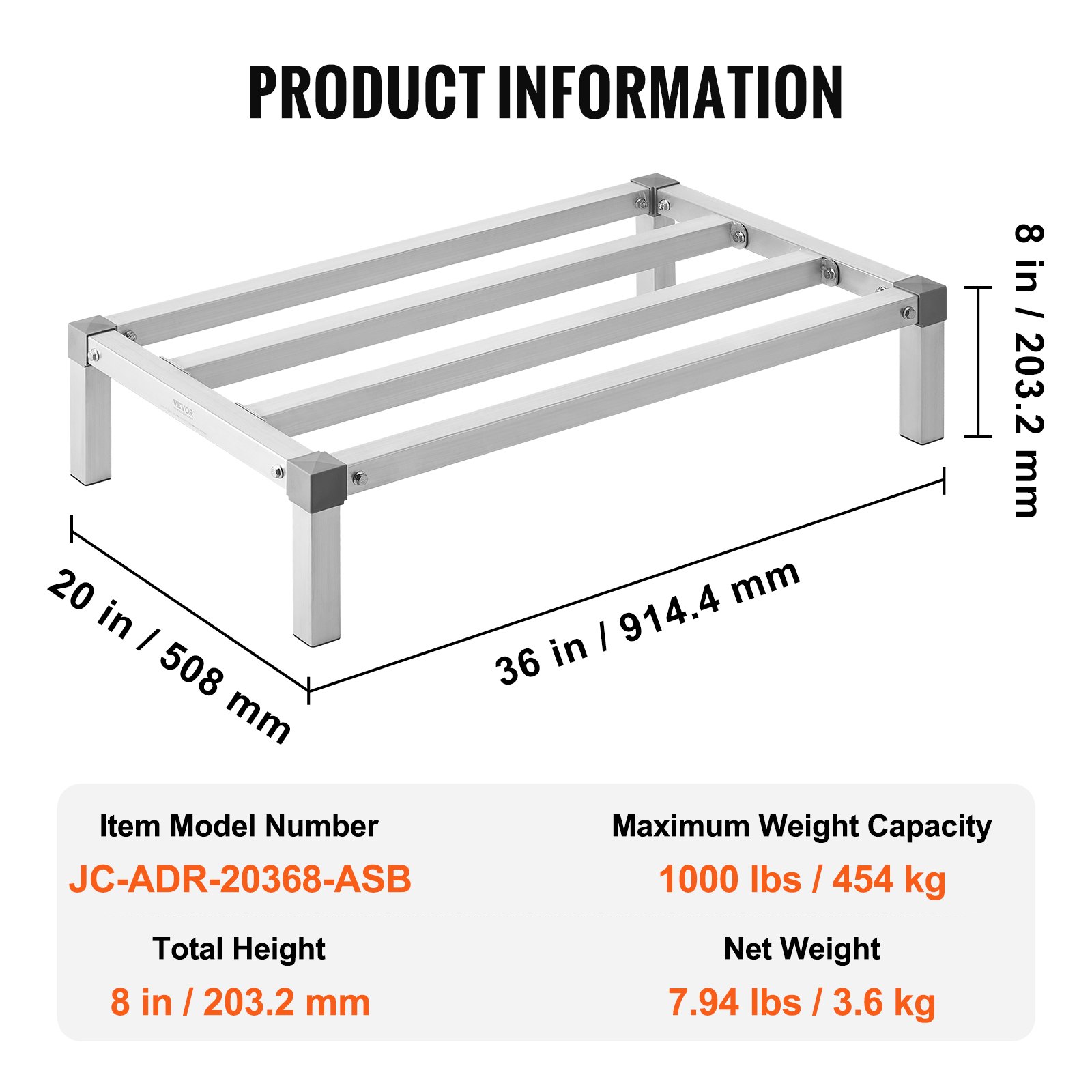VEVOR Estante de Estiba de Aluminio 91,4x50,8x20,3 cm Estante de Almacenamiento Comercial Carga de 454 kg Fácil Montaje para Almacenamiento de Alimentos en Suelo, en Restaurantes, Cocinas, Garajes